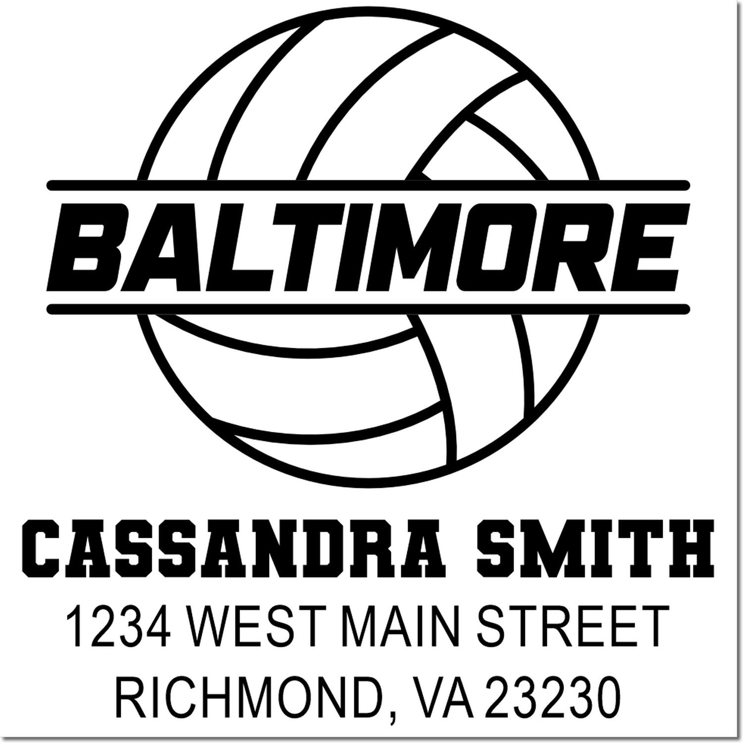 Custom Baltimore volleyball rubber stamp with Cassandra Smith name and Richmond, VA return address.