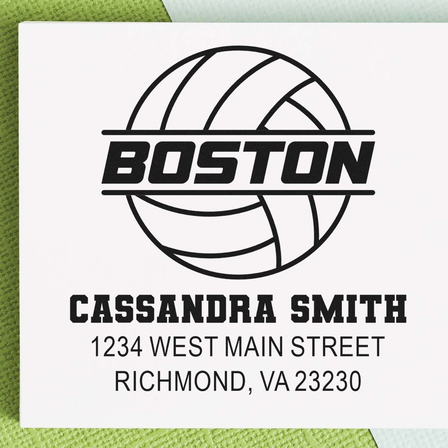 Custom Boston volleyball address rubber stamp for Cassandra Smith, 1234 West Main Street, Richmond, VA 23230.