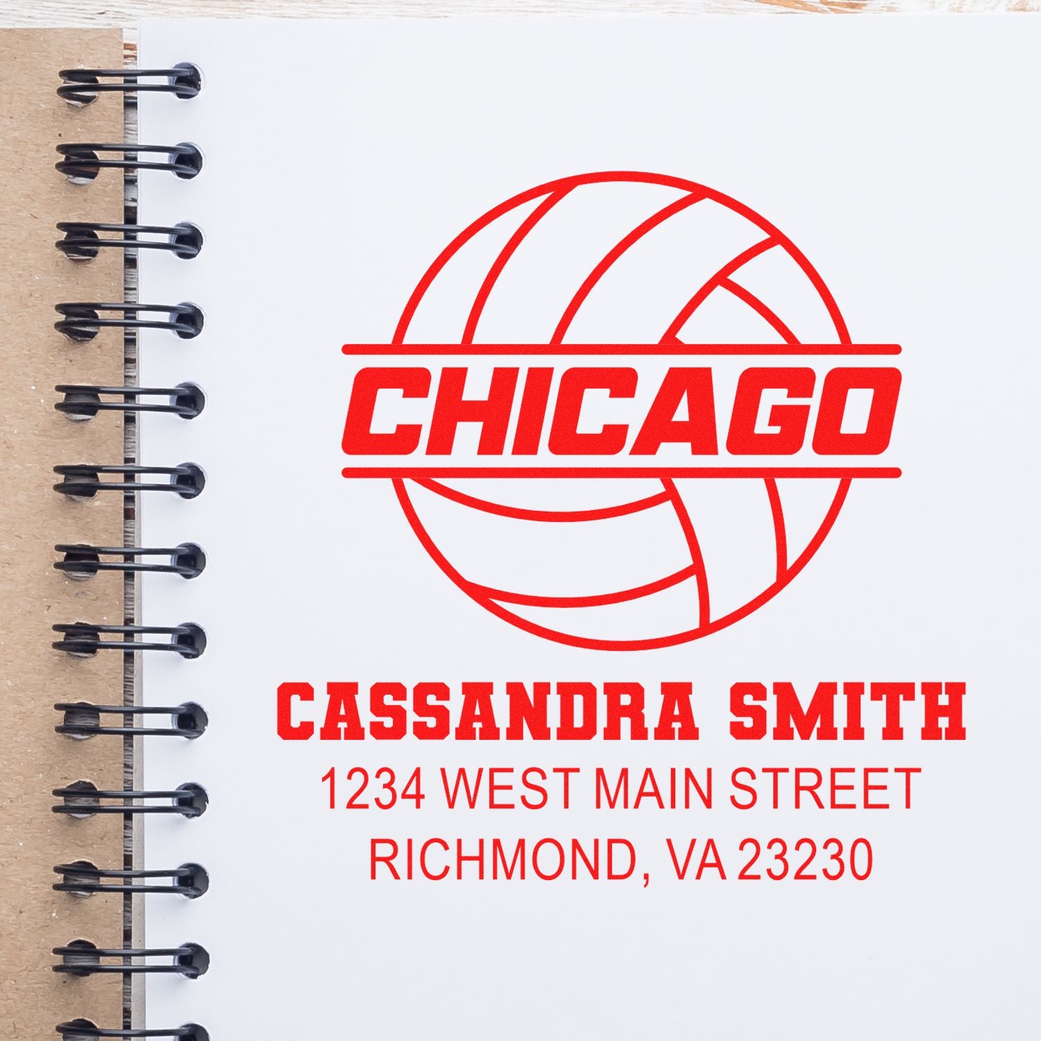 Custom return address rubber stamp with Chicago volleyball logo for Cassandra Smith, Richmond, VA.