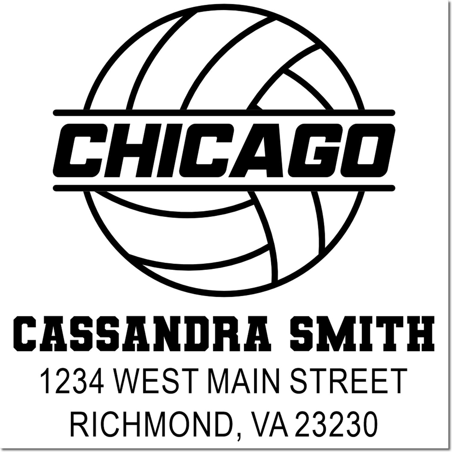 Chicago volleyball custom rubber stamp for Cassandra Smith with address, 1234 West Main Street, Richmond, VA 23230.