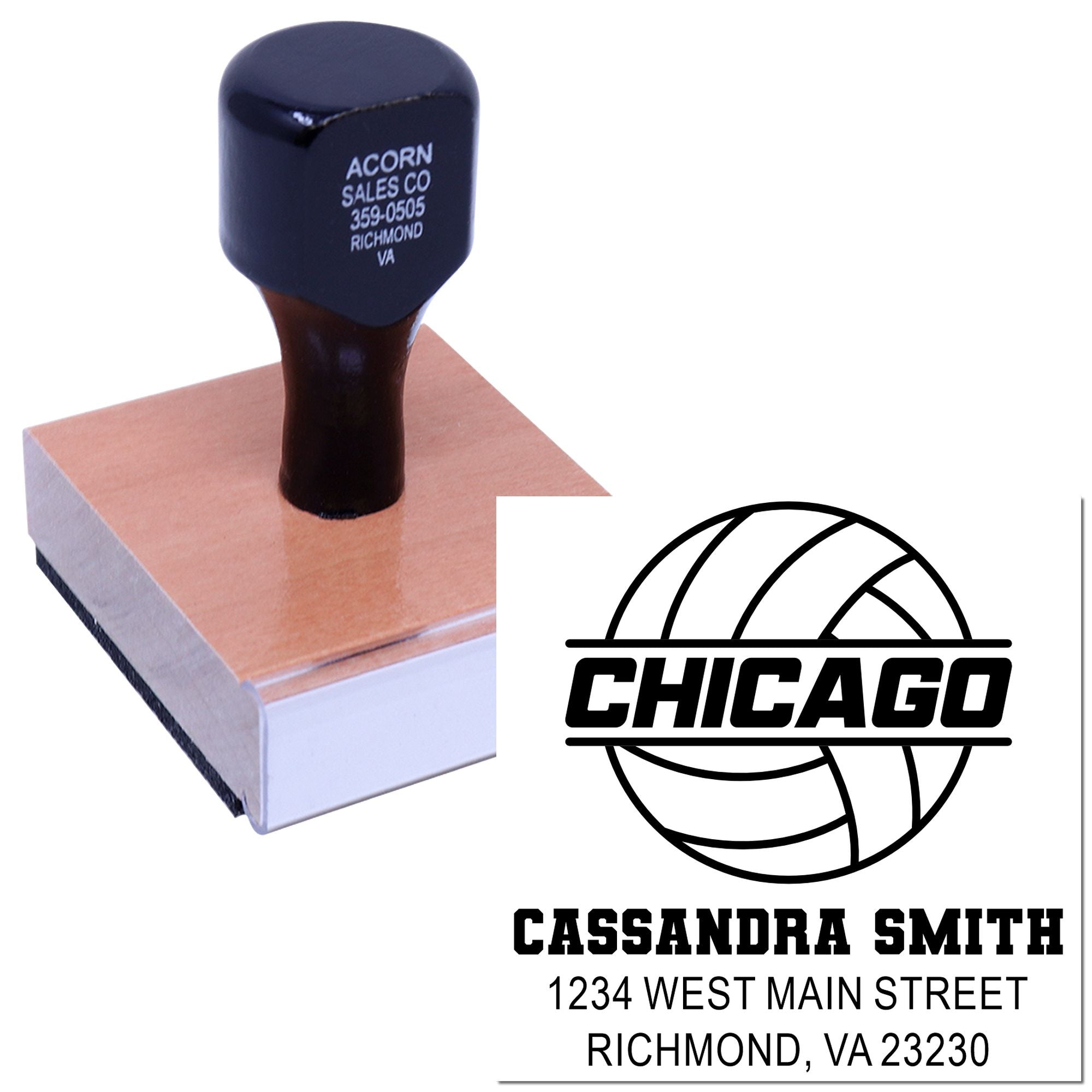 Custom rubber address stamp with Chicago volleyball logo, Cassandra Smith name, and Richmond, VA address for personalized mailing.