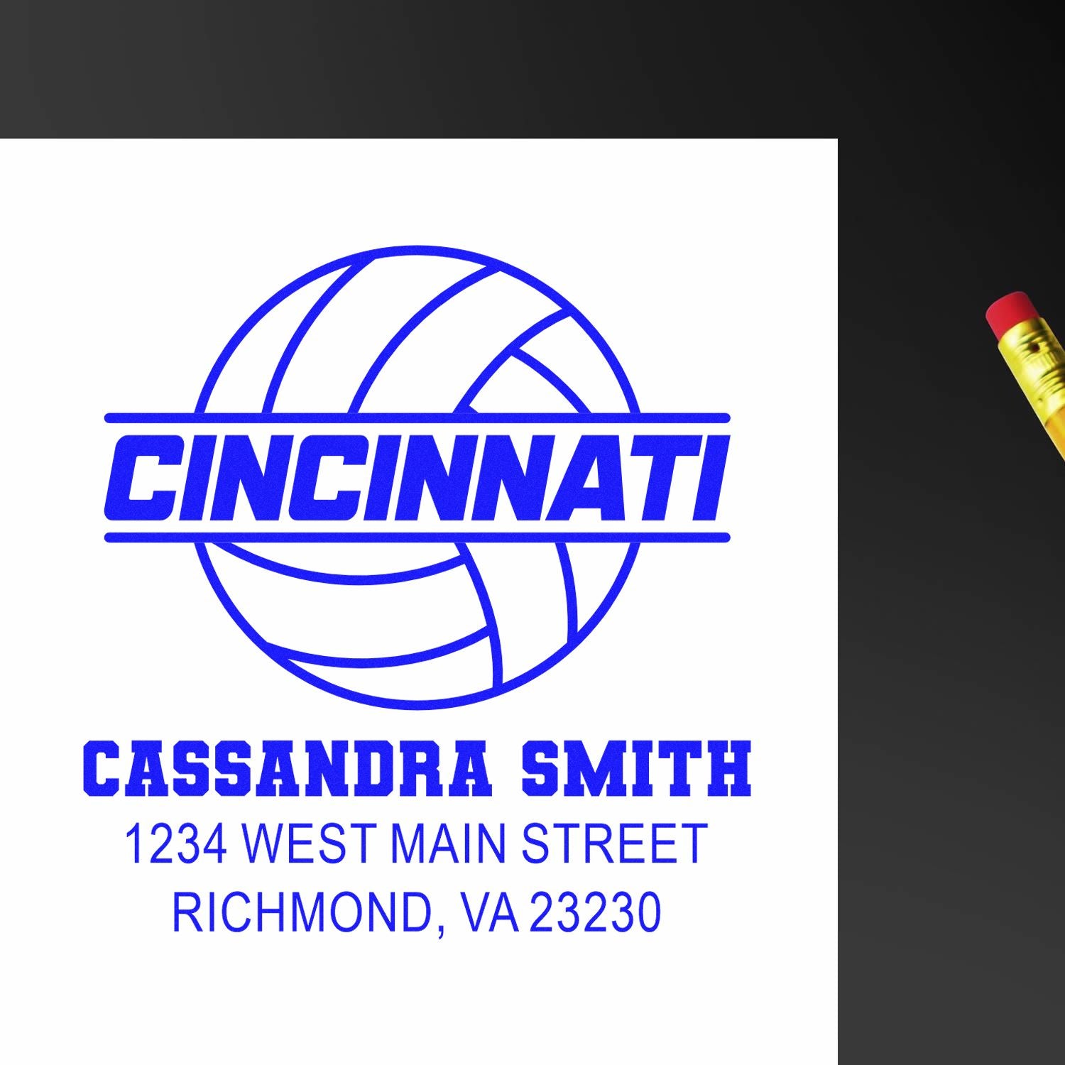 Custom Cincinnati rubber stamp with volleyball logo, Cassandra Smith name, and Richmond, VA address for return labeling.