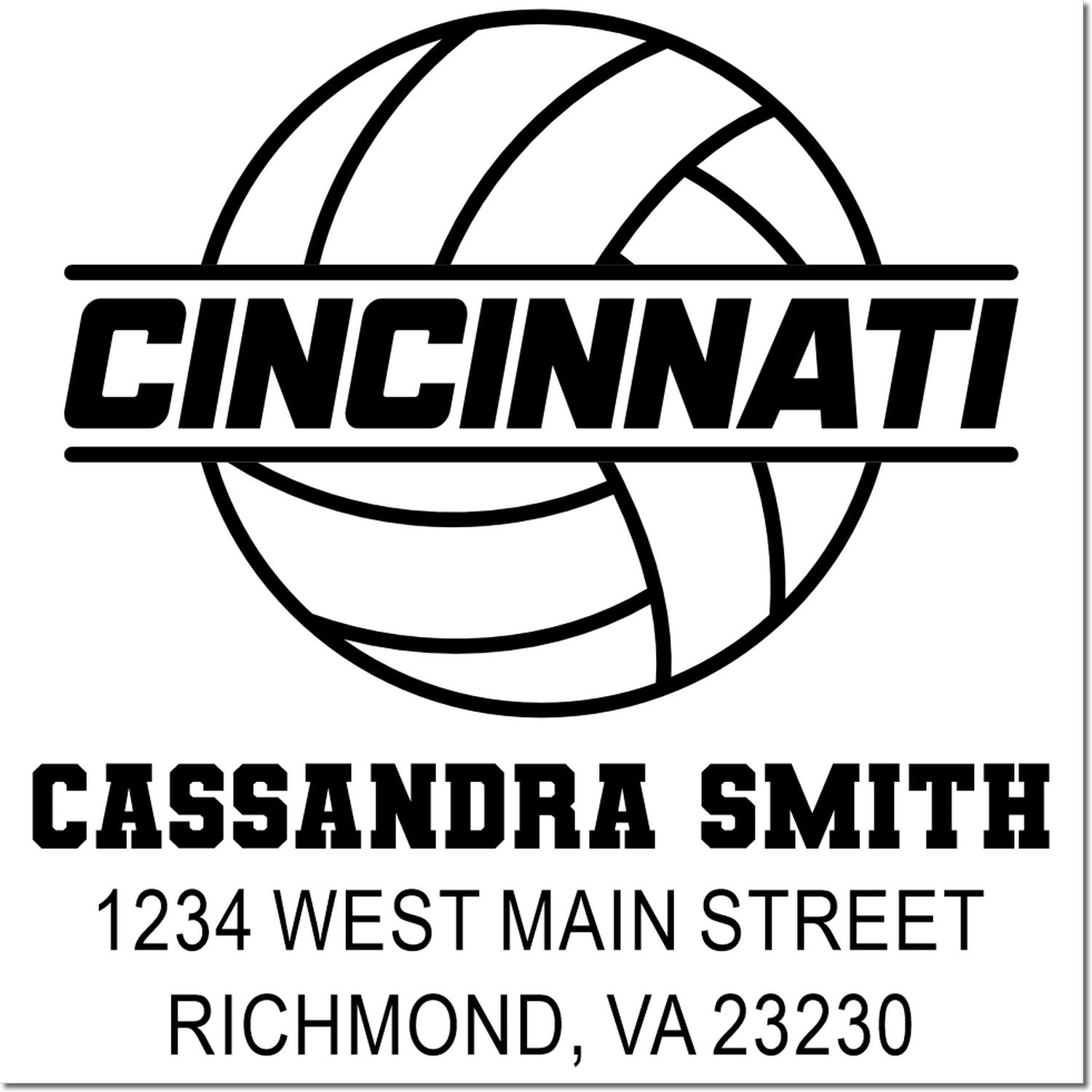 Custom Cincinnati rubber stamp with volleyball logo, Cassandra Smith name, and personalized return address in Richmond, VA.