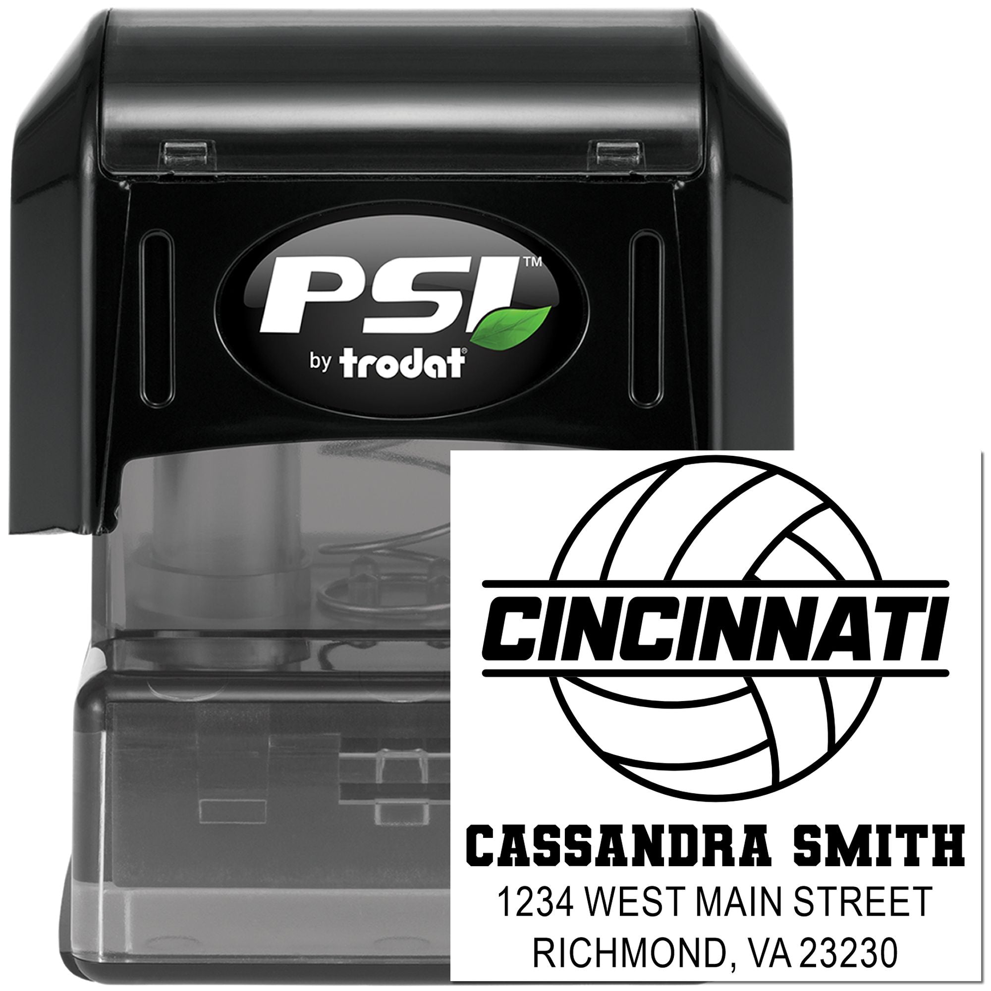 PSI by Trodat custom self-inking rubber address stamp with Cincinnati logo, name, and mailing address.