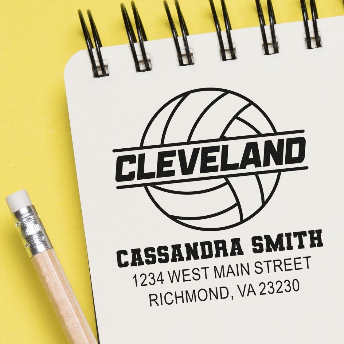 Custom Cleveland basketball rubber stamp with name and address, ideal for personalized return address or team branding.