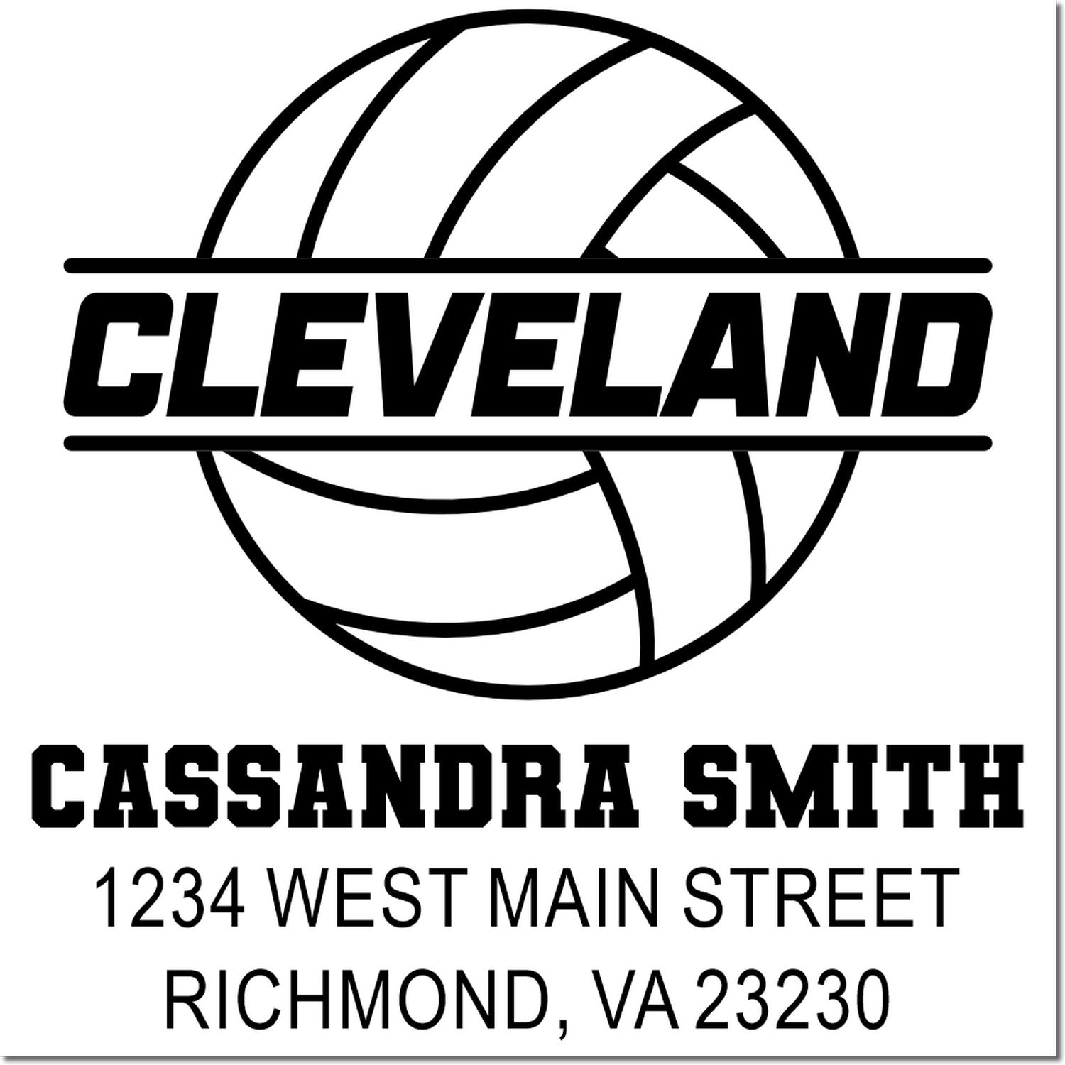 Personalized Cleveland volleyball rubber stamp for Cassandra Smith, with Richmond, VA 23230 address.