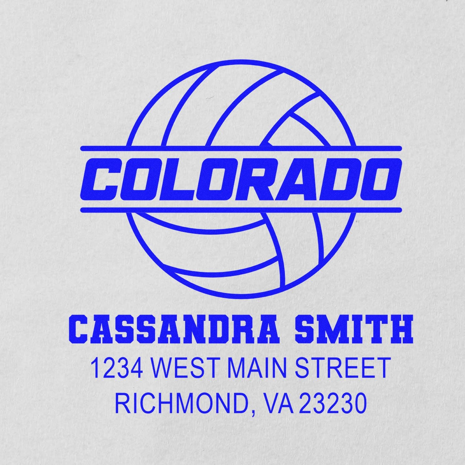 Custom Colorado volleyball logo rubber stamp for Cassandra Smith, 1234 West Main Street, Richmond, VA 23230.