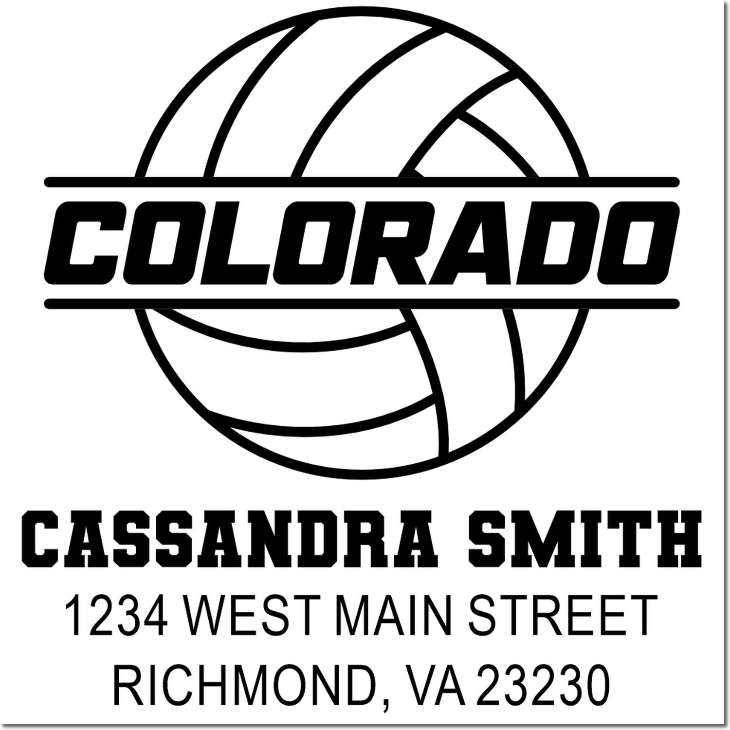 Custom Colorado volleyball address rubber stamp for Cassandra Smith, 1234 West Main Street, Richmond, VA 23230.