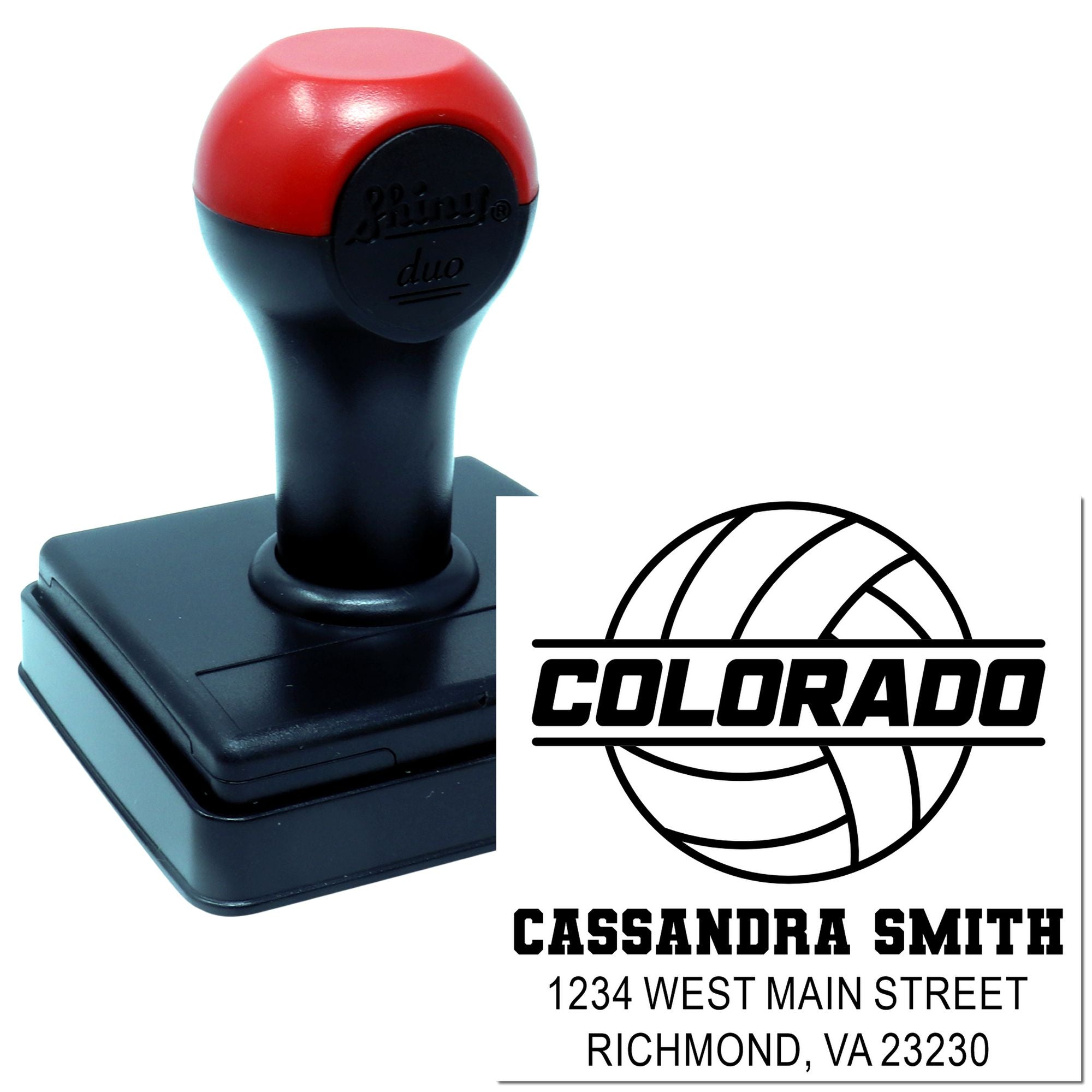 Custom self-inking rubber stamp with Colorado logo, name, and address for business mailing use.