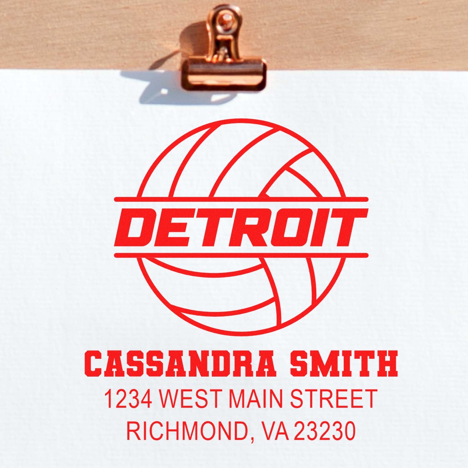 Custom Detroit volleyball return address rubber stamp for Cassandra Smith, Richmond, VA 23230