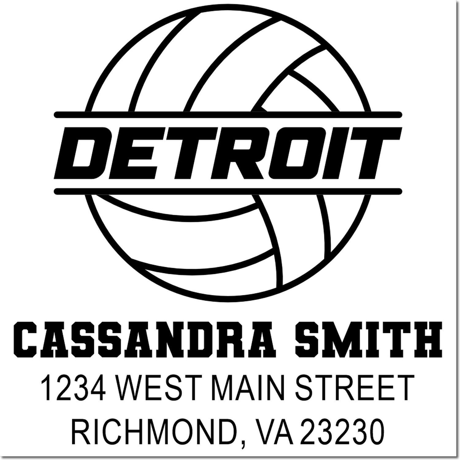 Custom Detroit volleyball rubber stamp for Cassandra Smith, 1234 West Main Street, Richmond, VA 23230