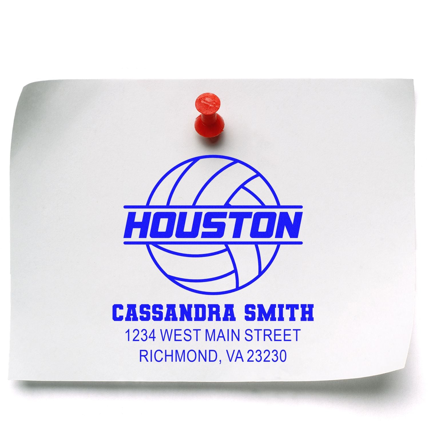 Custom return address rubber stamp for Cassandra Smith, with Houston volleyball logo and Richmond, VA mailing imprint.