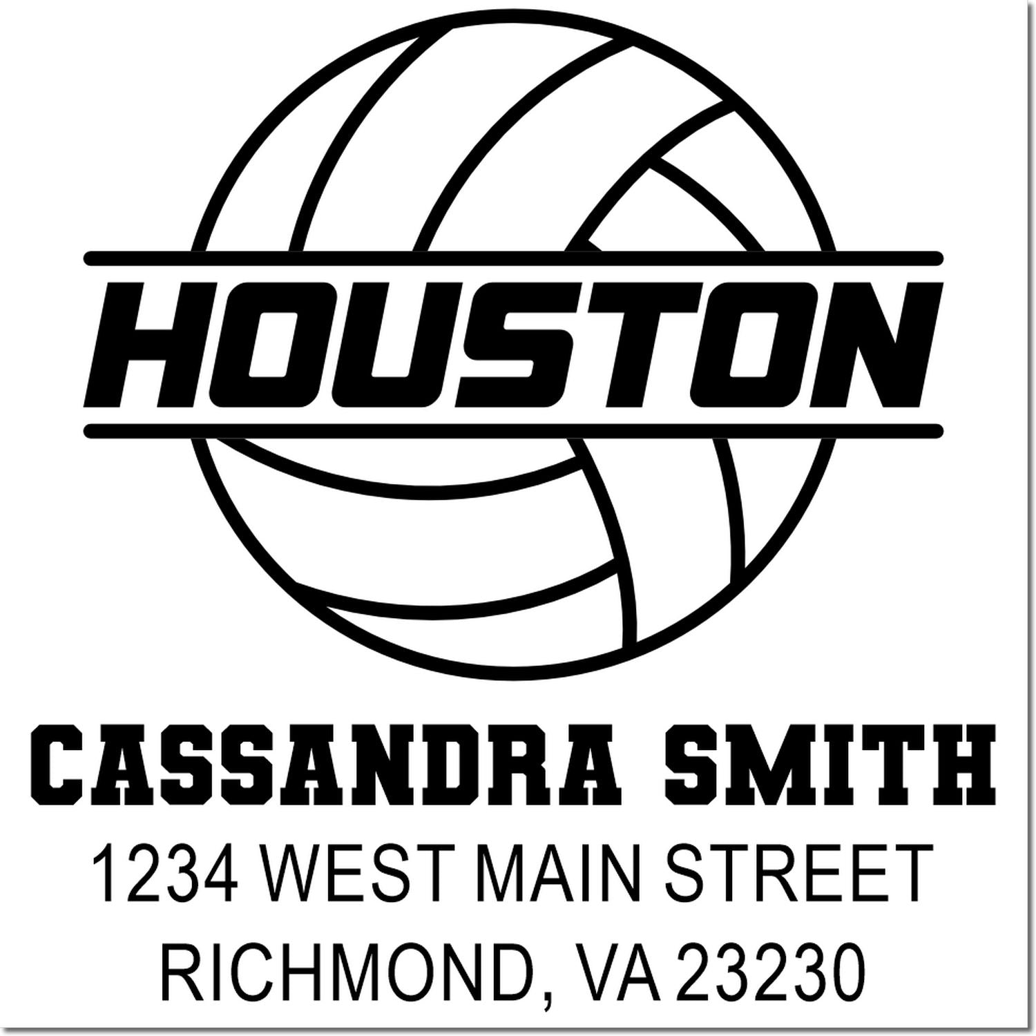 Custom rubber stamp with Houston volleyball logo, Cassandra Smith, and Richmond, VA address for personalized mail.