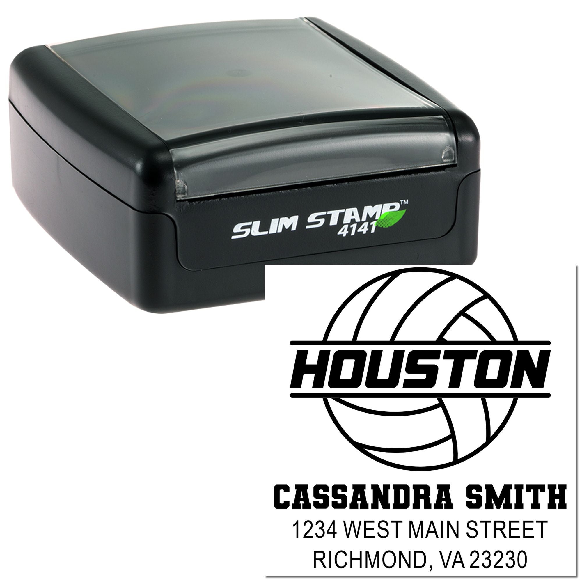Custom self-inking rubber stamp with Houston logo, name, and address for business mailing and branding.