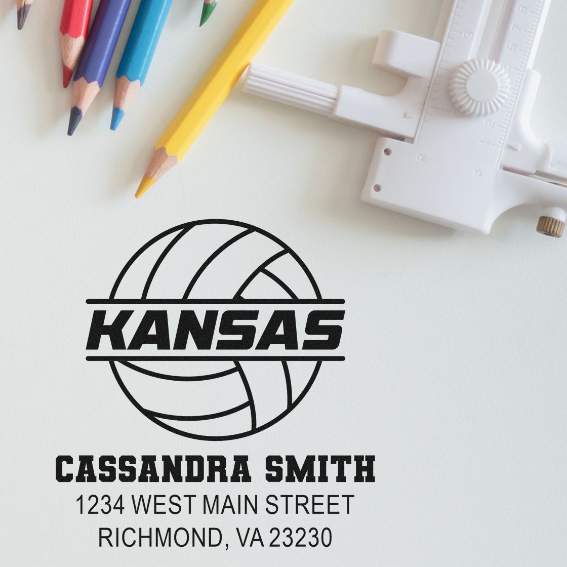 Personalized rubber stamp for Kansas volleyball logo, Cassandra Smith, and Richmond, VA address.