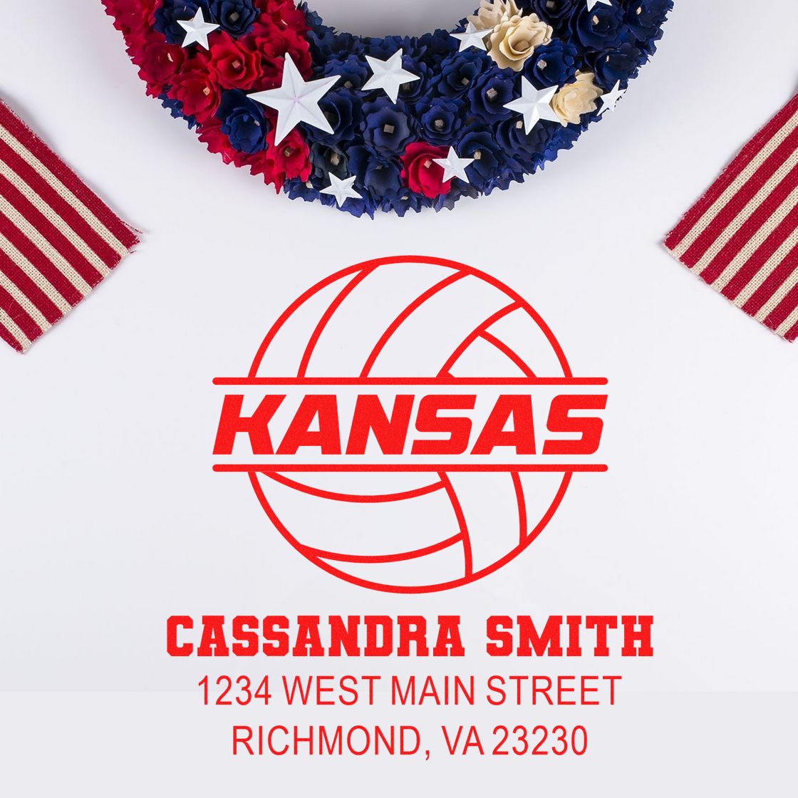 Custom Kansas volleyball rubber stamp with Cassandra Smith name and Richmond, VA address