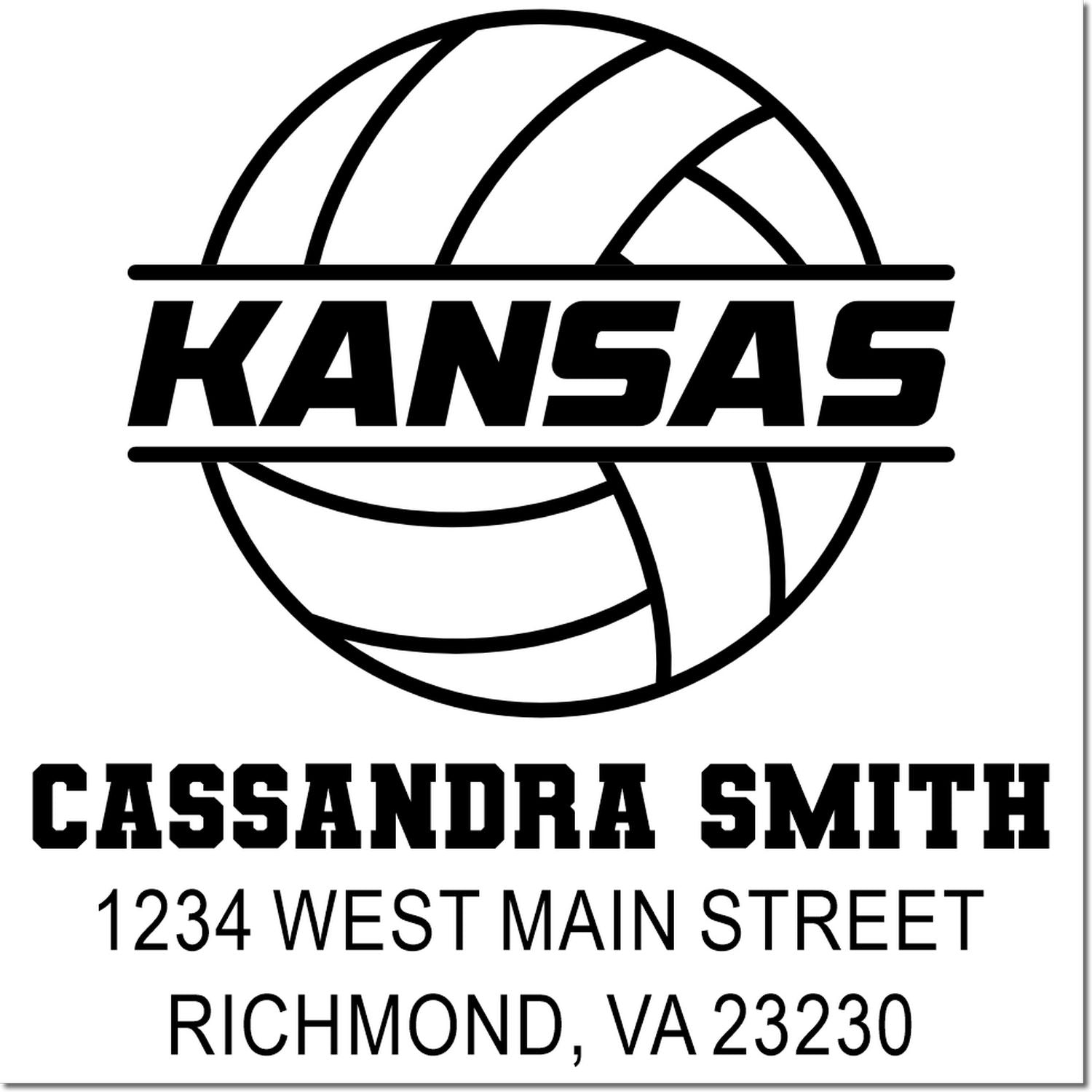 Custom Kansas volleyball rubber stamp with Cassandra Smith name and Richmond, VA 23230 return address.