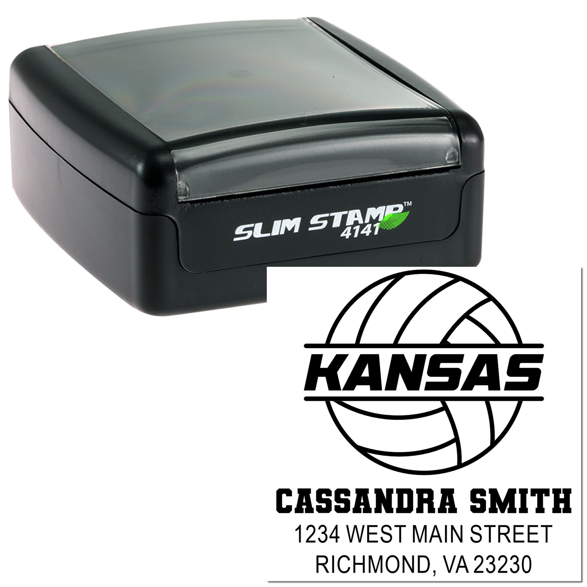 Custom self-inking rubber stamp with Kansas logo, name, and address for business mailing and branding.