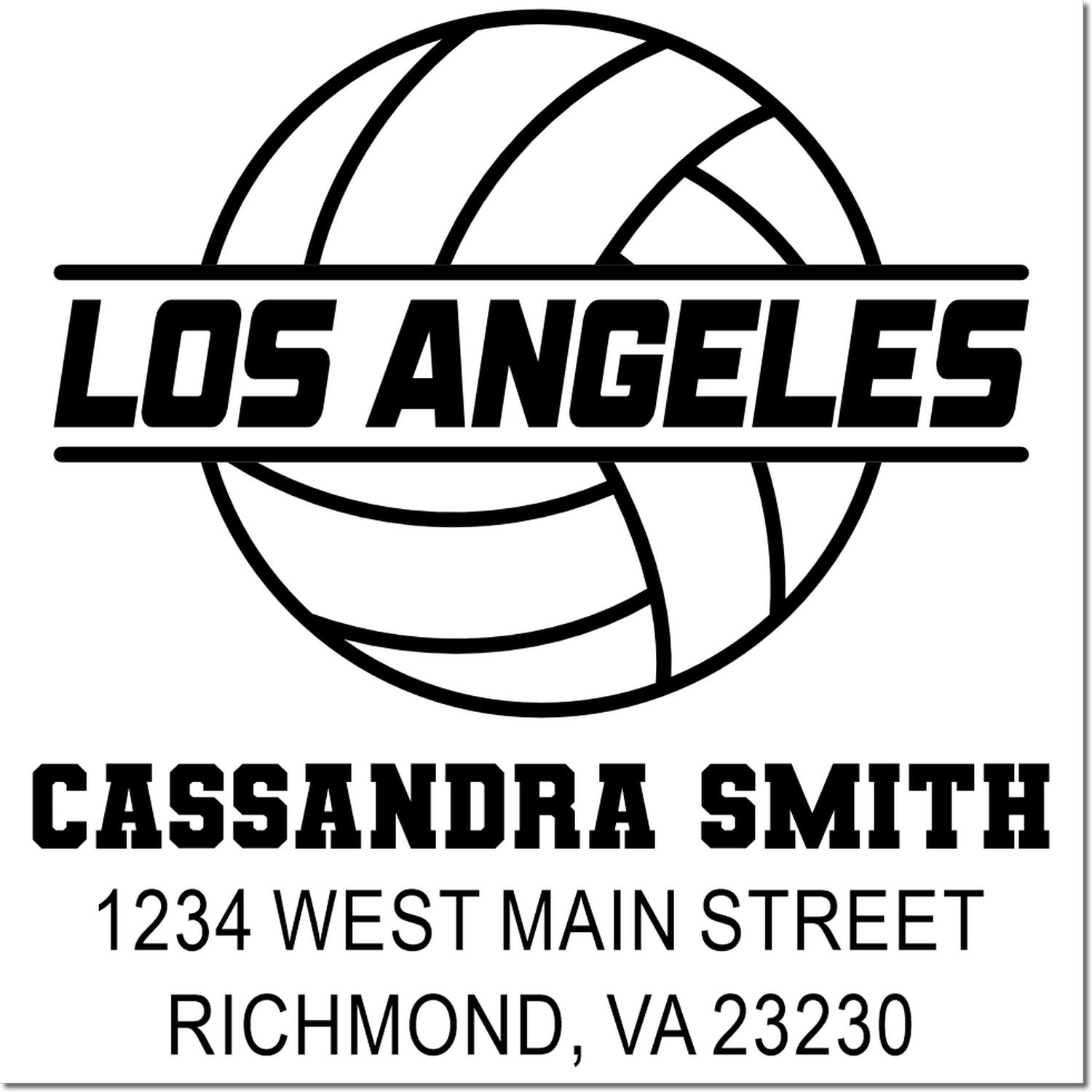 Custom Los Angeles volleyball rubber stamp with Cassandra Smith name and Richmond, VA address.