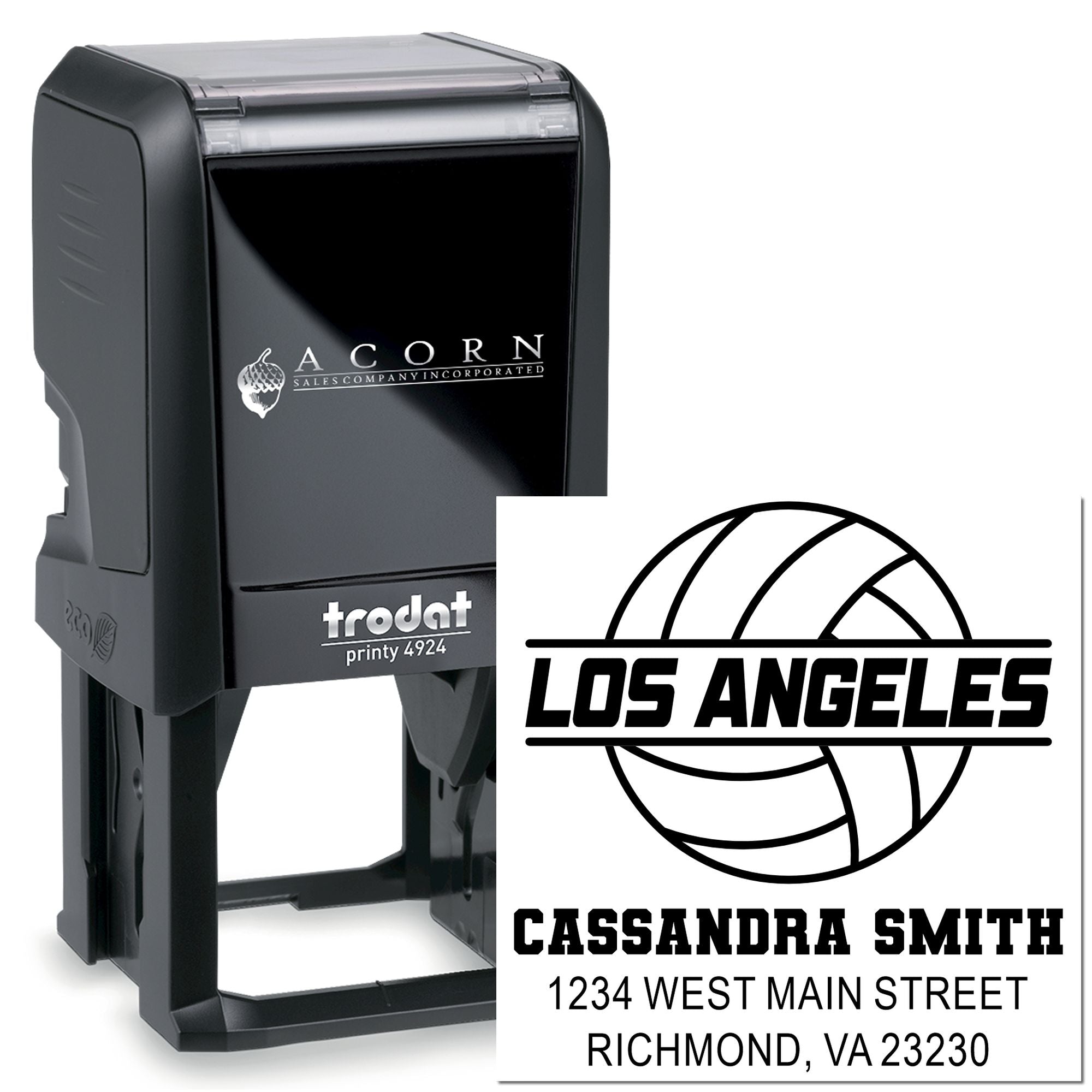 Custom self-inking rubber stamp for logo, name, and address imprint on business mailings and packaging