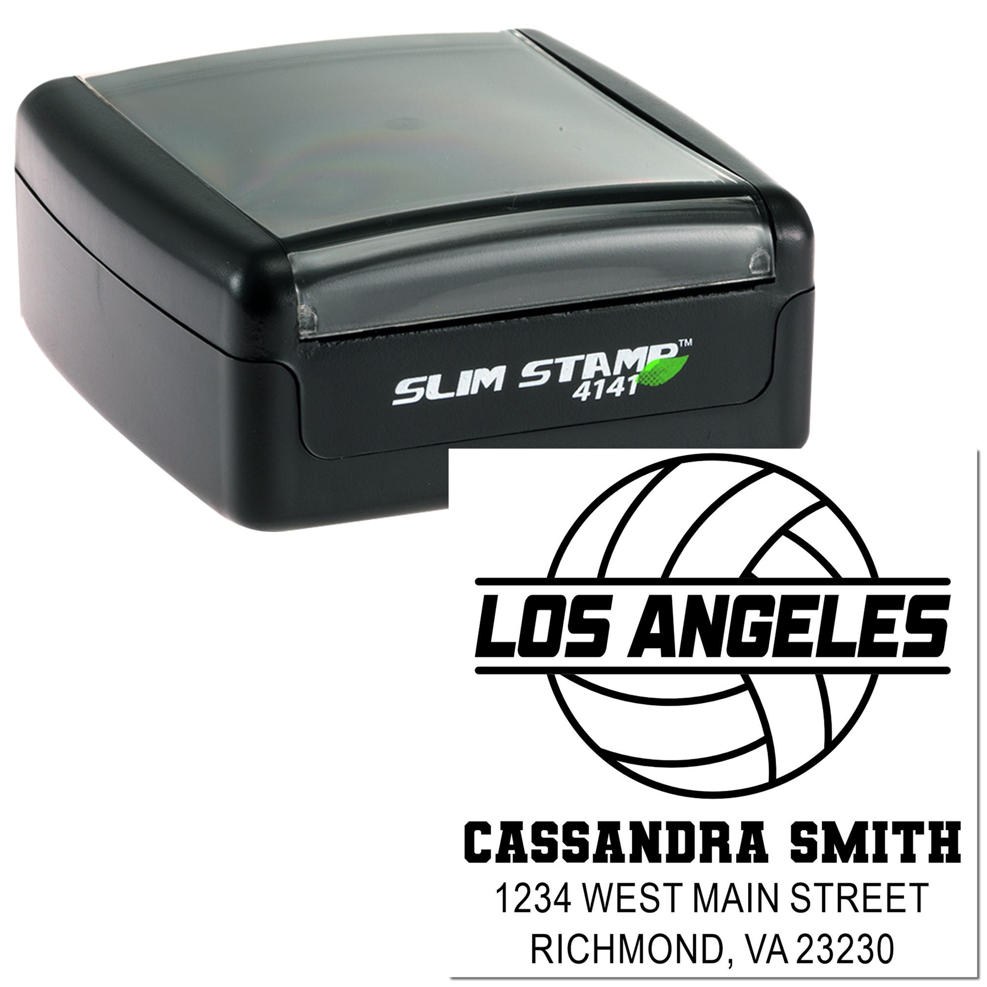 Custom slim self-inking rubber stamp with Los Angeles logo, name, and address for business mailing and branding.