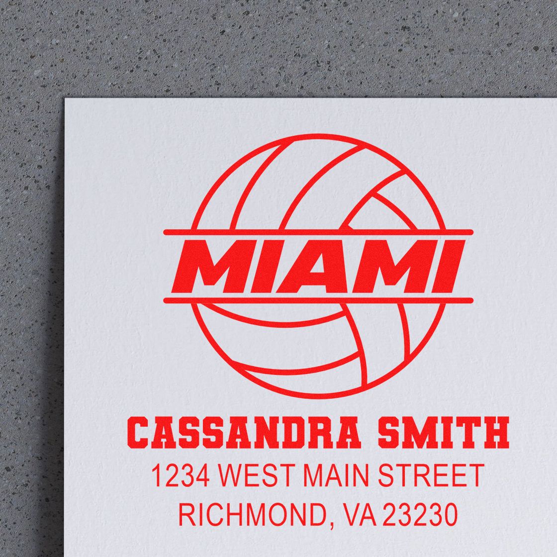 Personalized volleyball rubber stamp with MIAMI logo, Cassandra Smith name, and Richmond, VA return address.