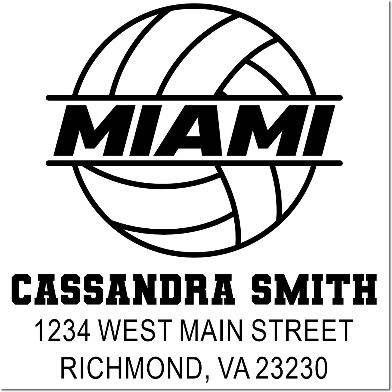 Custom rubber stamp design featuring MIAMI volleyball logo and Cassandra Smith return address, Richmond, VA 23230.