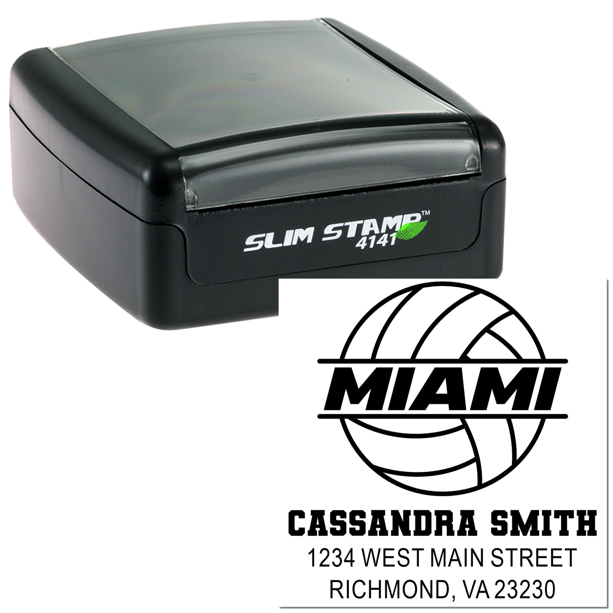 Custom self-inking rubber stamp with Miami logo, name, and address for business mailing and branding.