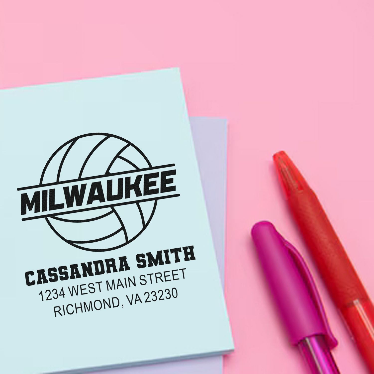 Personalized Milwaukee volleyball rubber stamp with name and address for team stationery or branding.
