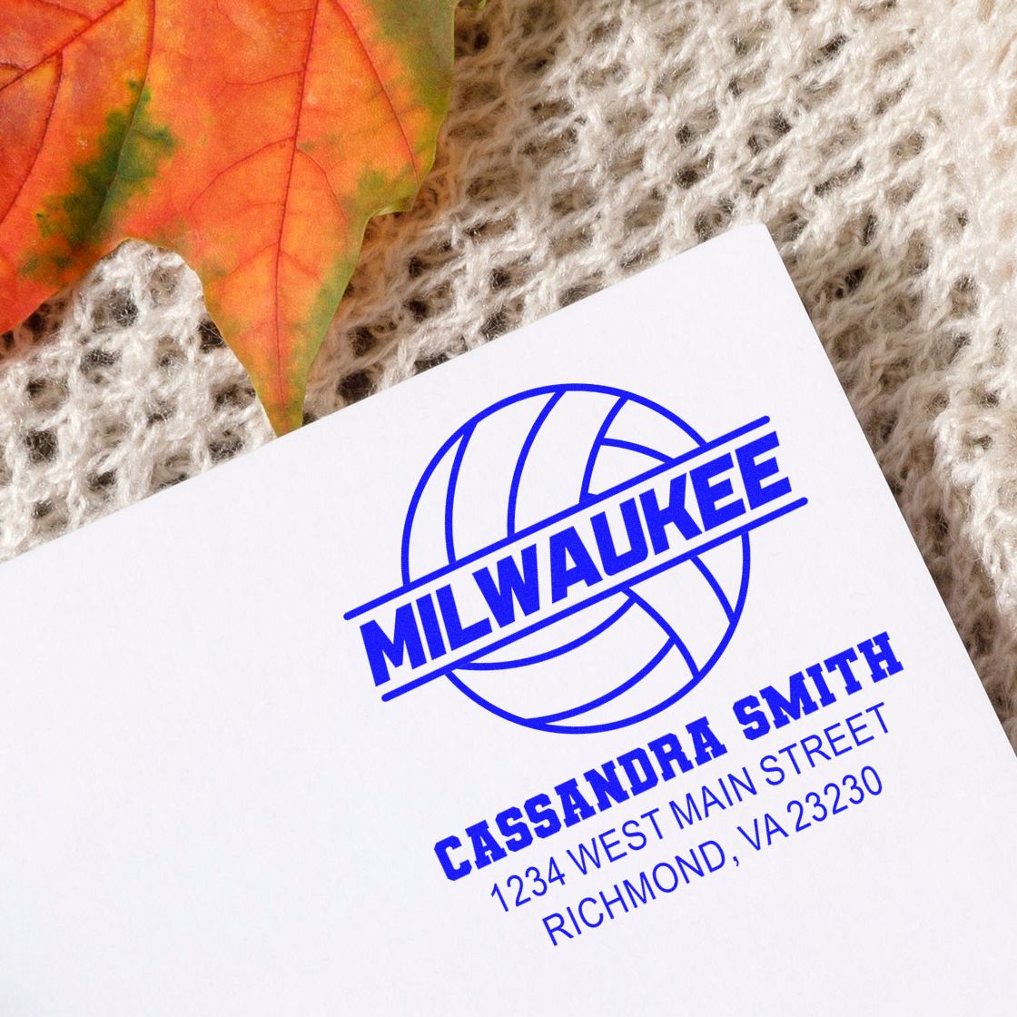 Custom volleyball rubber stamp with Milwaukee logo, Cassandra Smith name, and address for personalized mailing and branding.