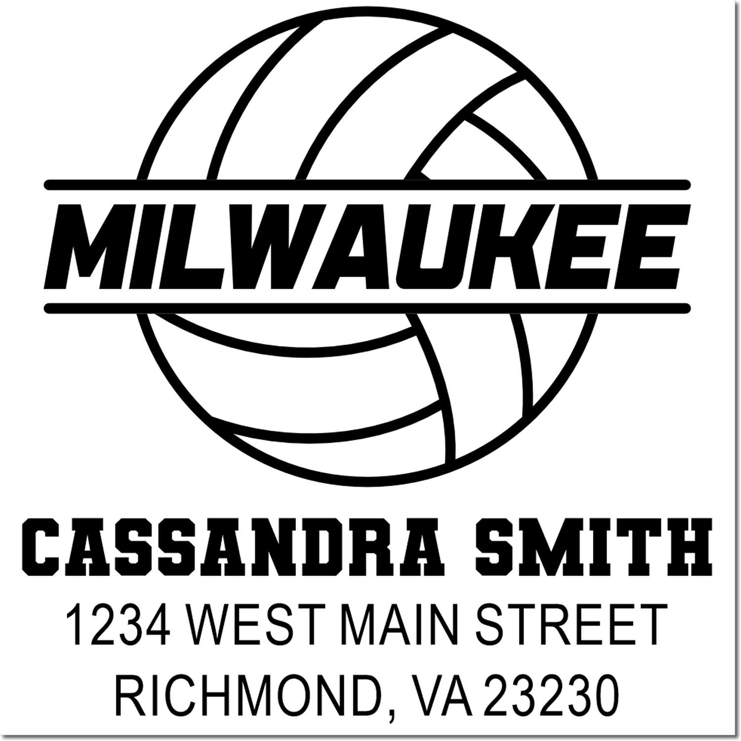 Custom volleyball rubber stamp design with Milwaukee logo, Cassandra Smith name, and Richmond, VA address.
