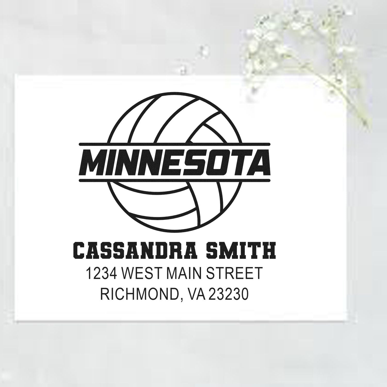 Custom Minnesota volleyball return address rubber stamp for Cassandra Smith, 1234 West Main Street, Richmond, VA 23230.