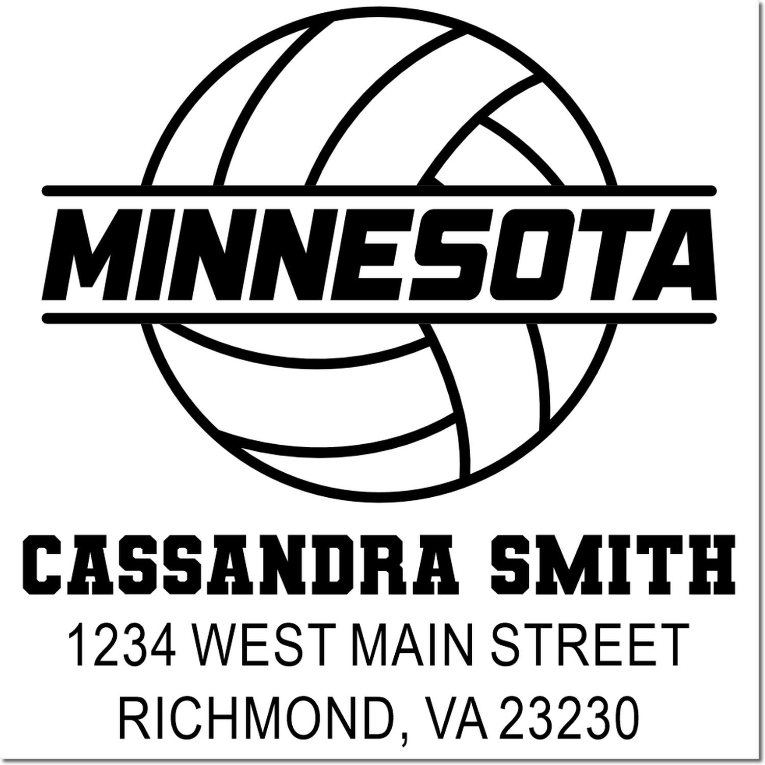 Custom Minnesota volleyball address rubber stamp for Cassandra Smith, 1234 West Main Street, Richmond, VA 23230.