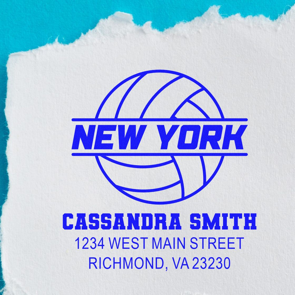 Custom volleyball rubber stamp with New York design and personalized return address for Cassandra Smith, Richmond, VA.