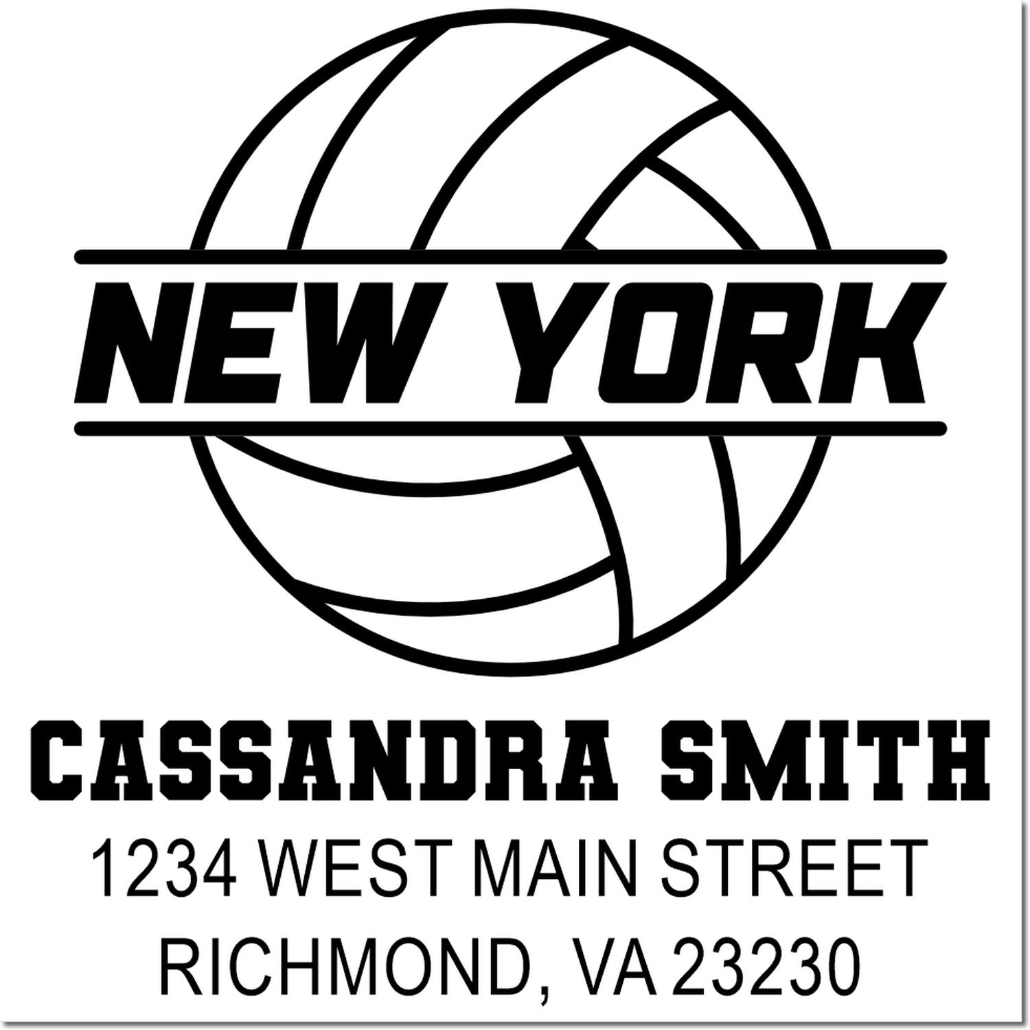 Custom rubber stamp design with New York volleyball logo, Cassandra Smith name, and Richmond, VA return address.