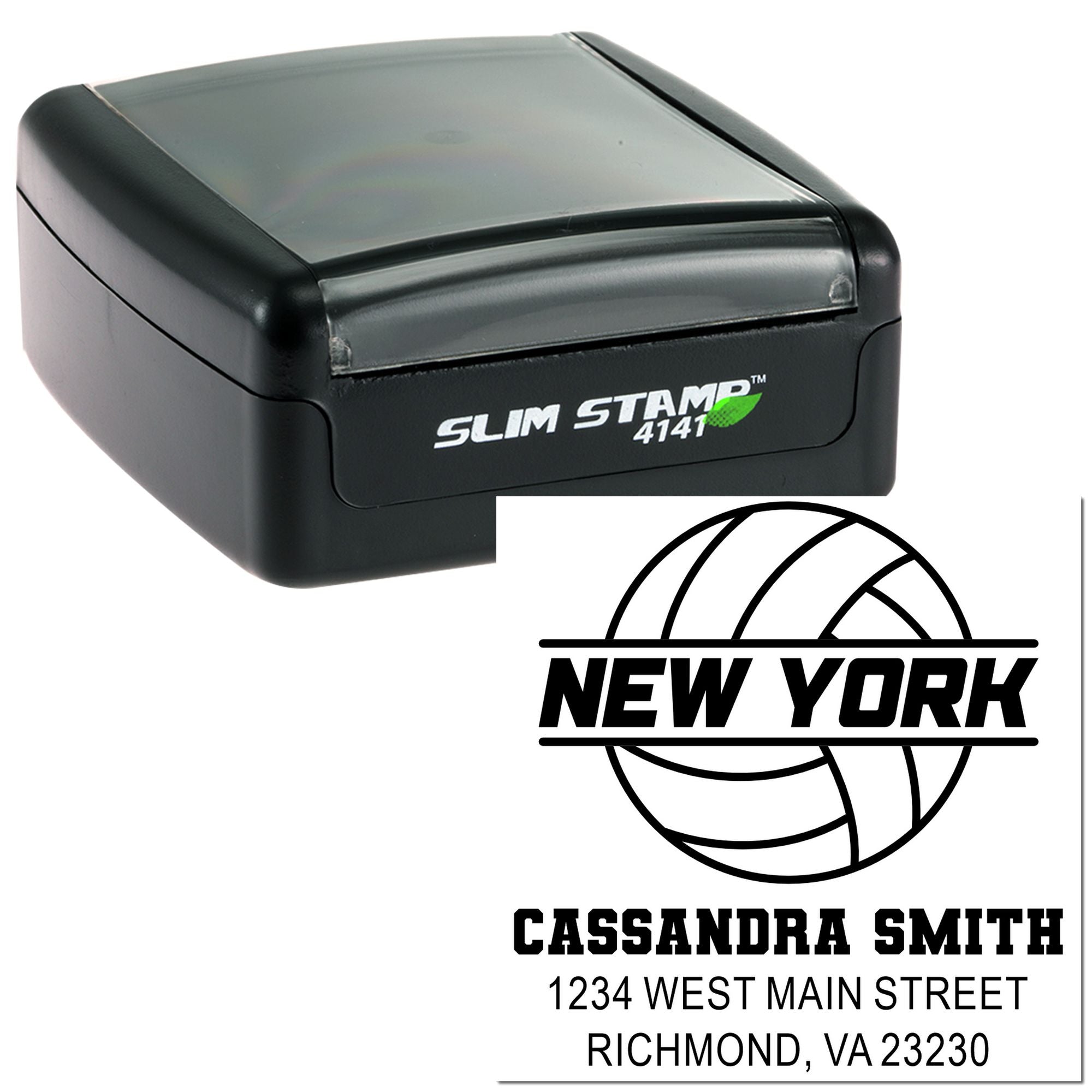 Custom self-inking rubber stamp with New York logo, name, and address for personalized mailing and business use.