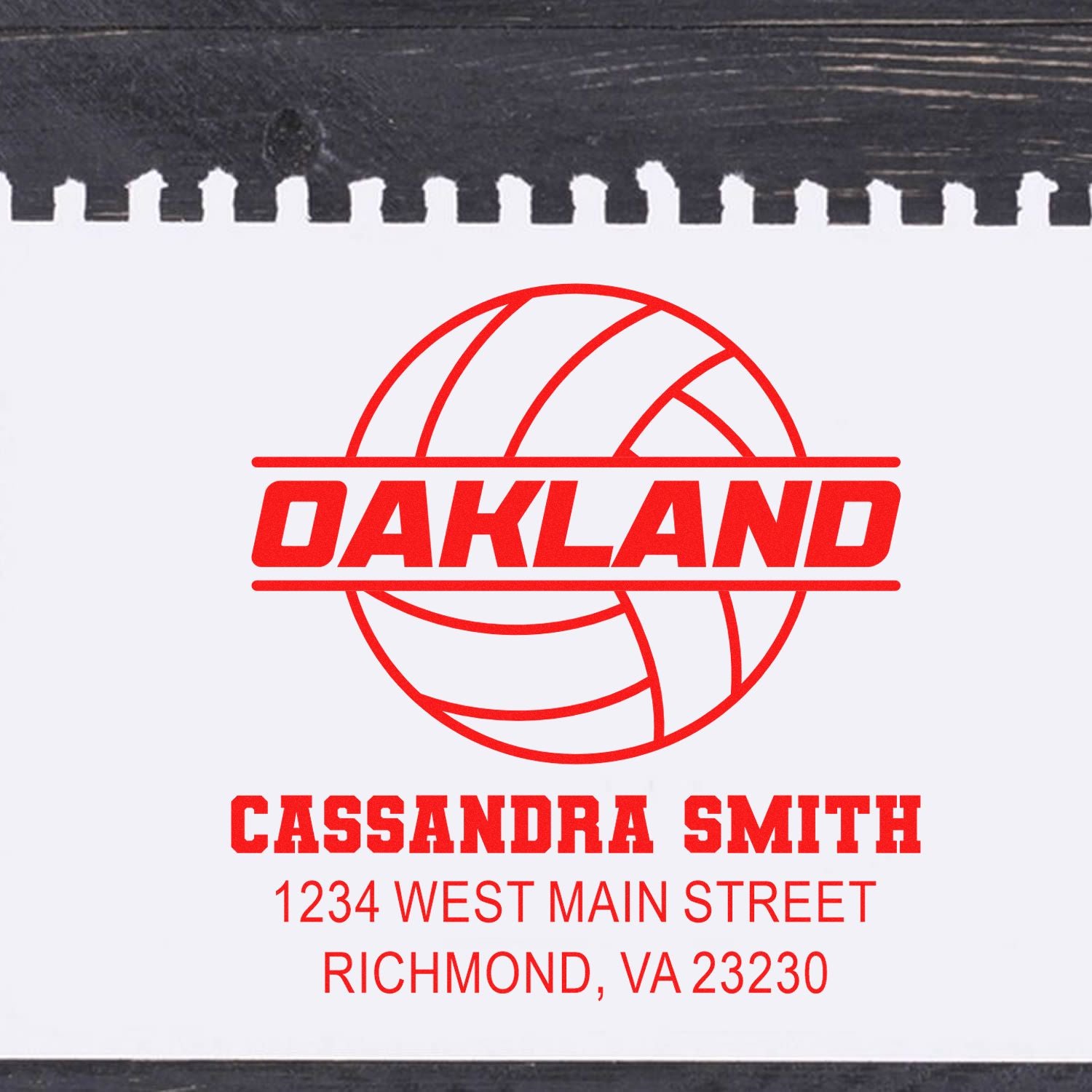 Custom Oakland volleyball rubber stamp for Cassandra Smith with name and return address.