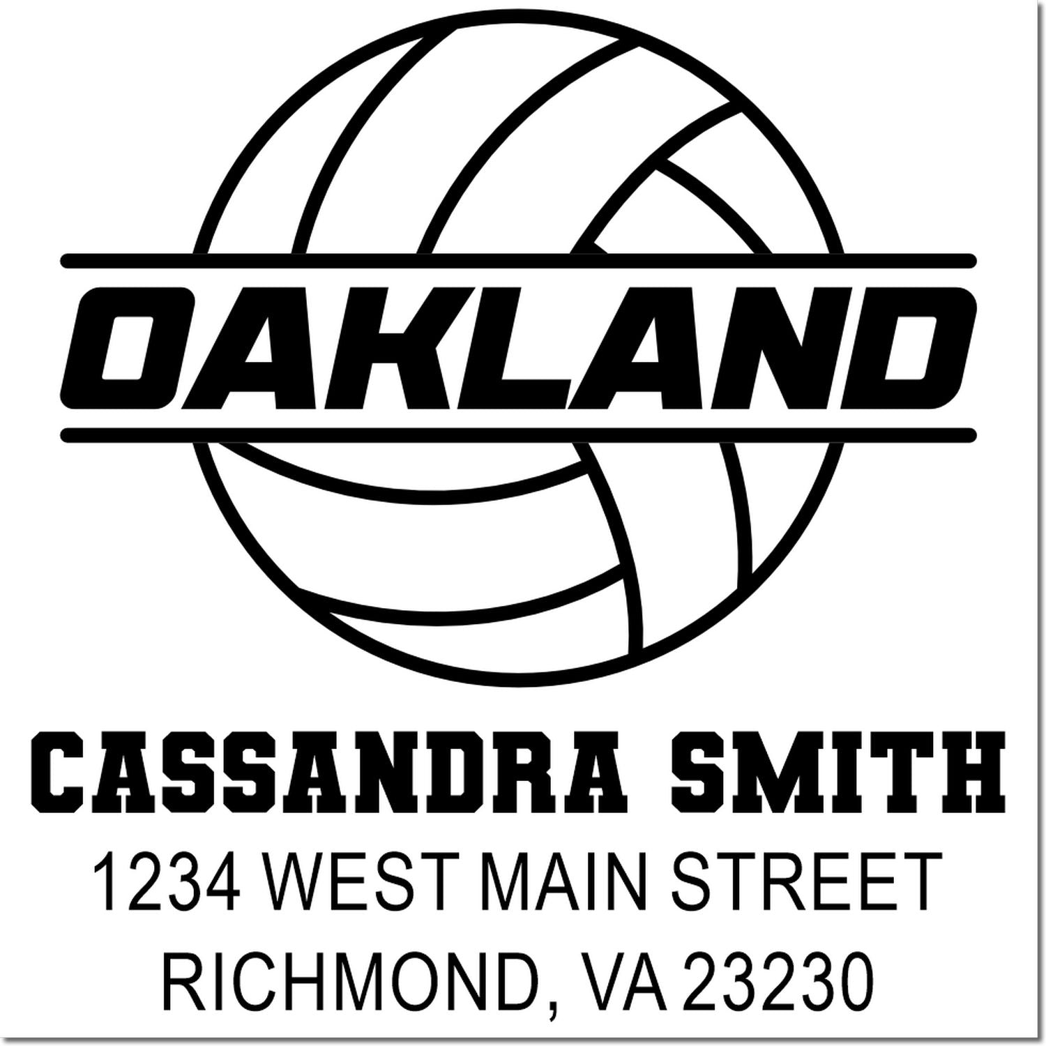 Oakland volleyball custom rubber stamp for Cassandra Smith, 1234 West Main Street, Richmond, VA 23230