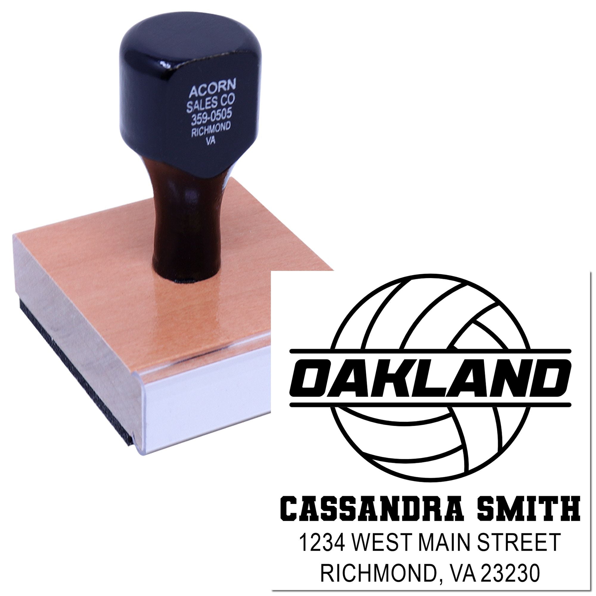Custom basketball logo return address rubber stamp for Oakland, featuring Cassandra Smith and Richmond, VA address print.