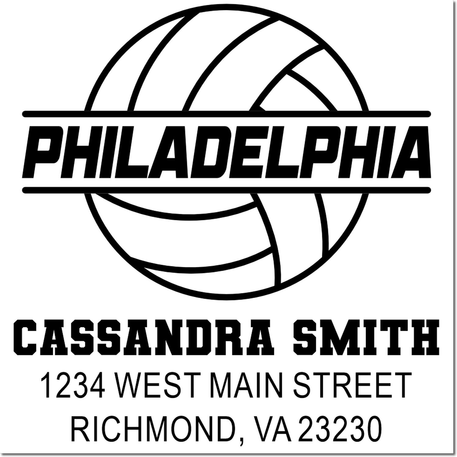 Custom Philadelphia volleyball rubber stamp for Cassandra Smith, 1234 West Main Street, Richmond, VA 23230.