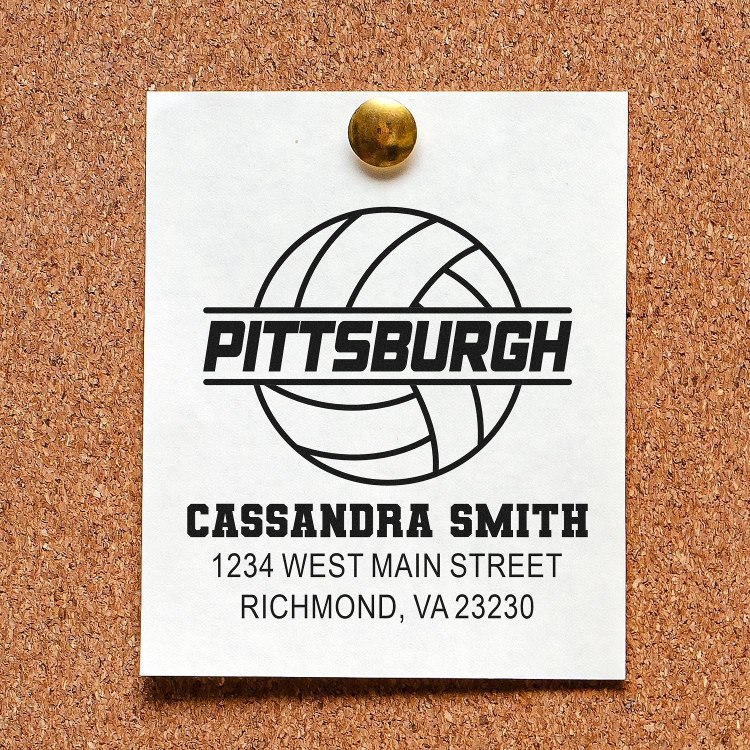 Personalized Pittsburgh volleyball return address rubber stamp for Cassandra Smith, Richmond, VA.