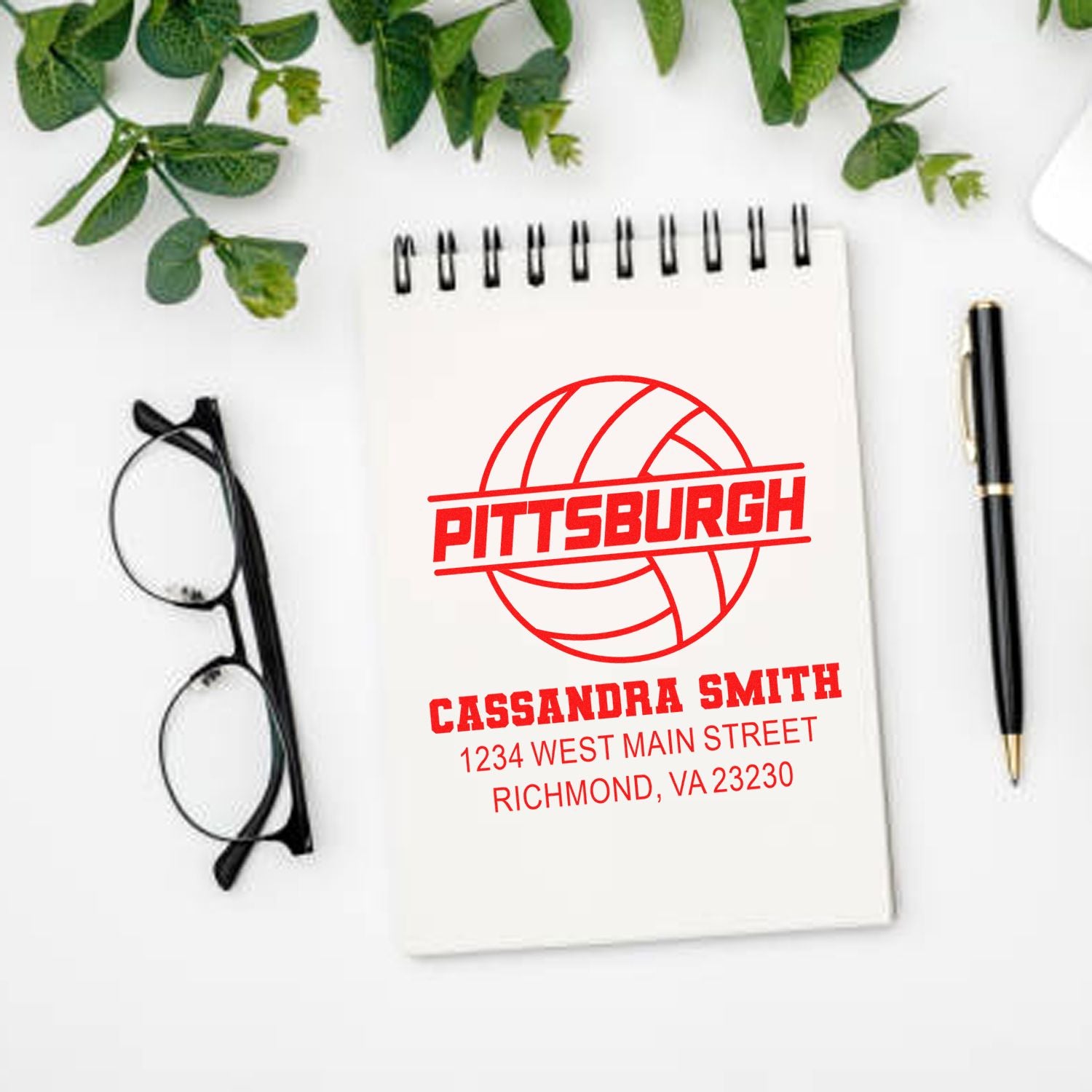 Custom Pittsburgh volleyball rubber stamp with name and address for personalized stationery and mailing.