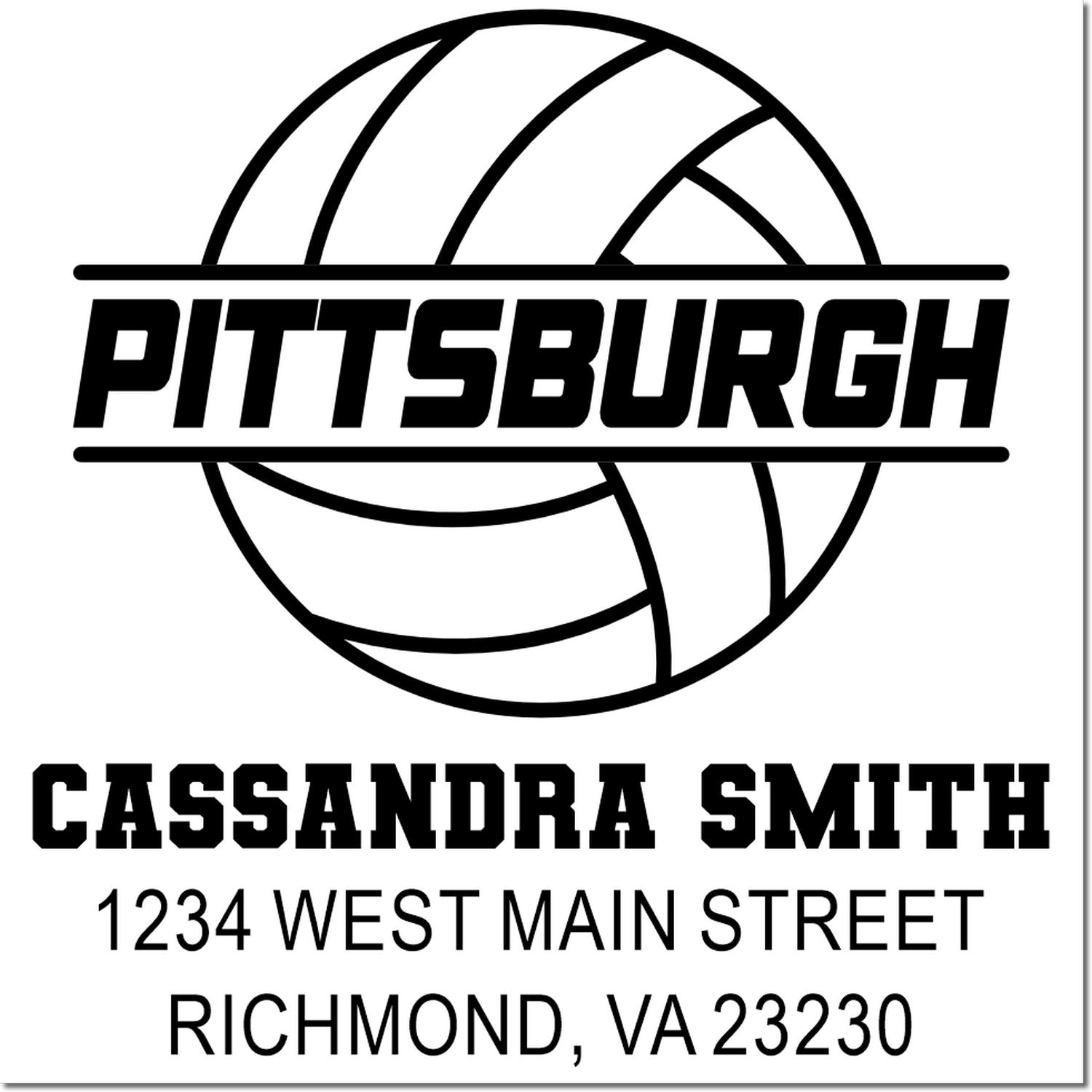 Custom volleyball rubber stamp for Cassandra Smith with Pittsburgh logo and return address, Richmond, VA 23230