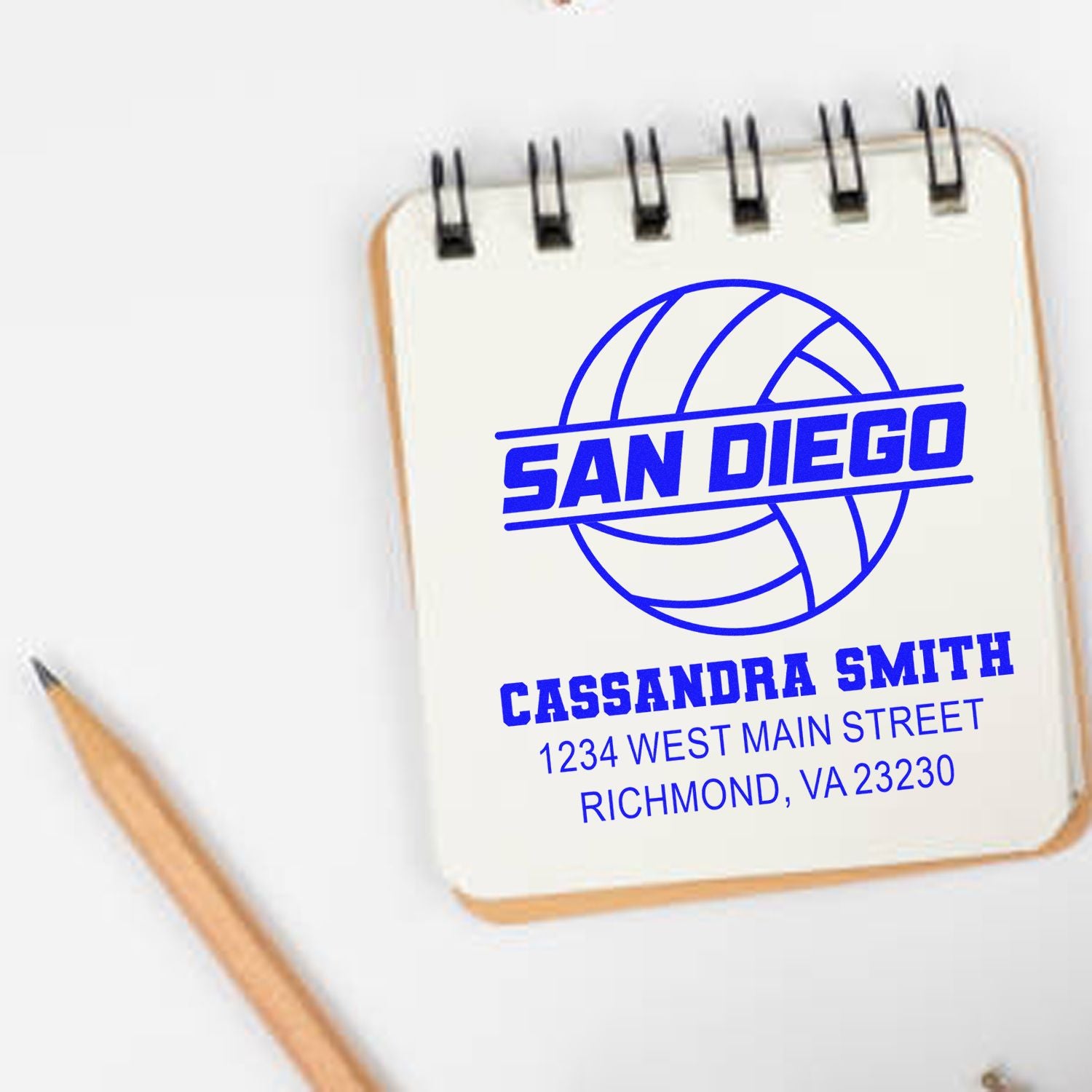 Custom San Diego volleyball rubber stamp design with Cassandra Smith name and address.