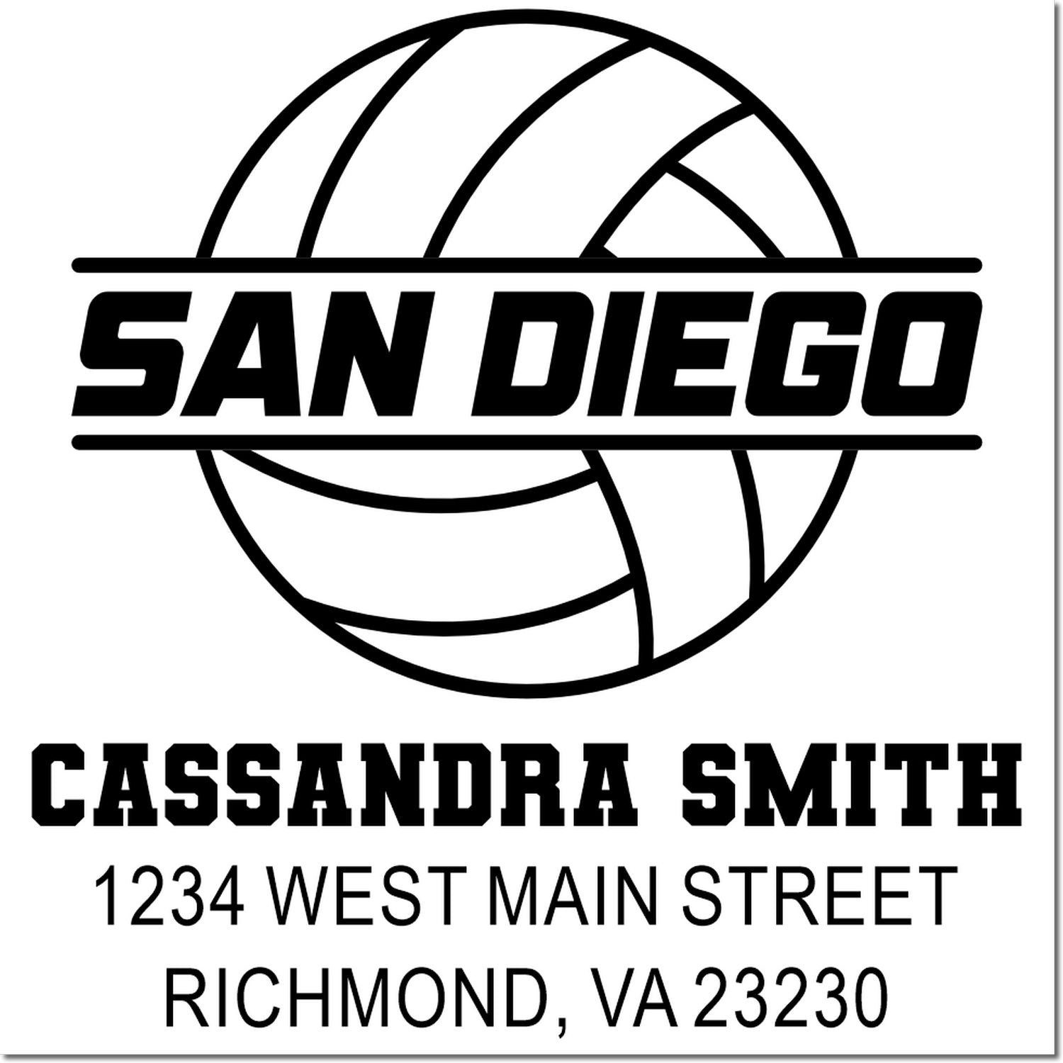 Custom volleyball rubber stamp for Cassandra Smith, San Diego design, 1234 West Main Street, Richmond, VA 23230.