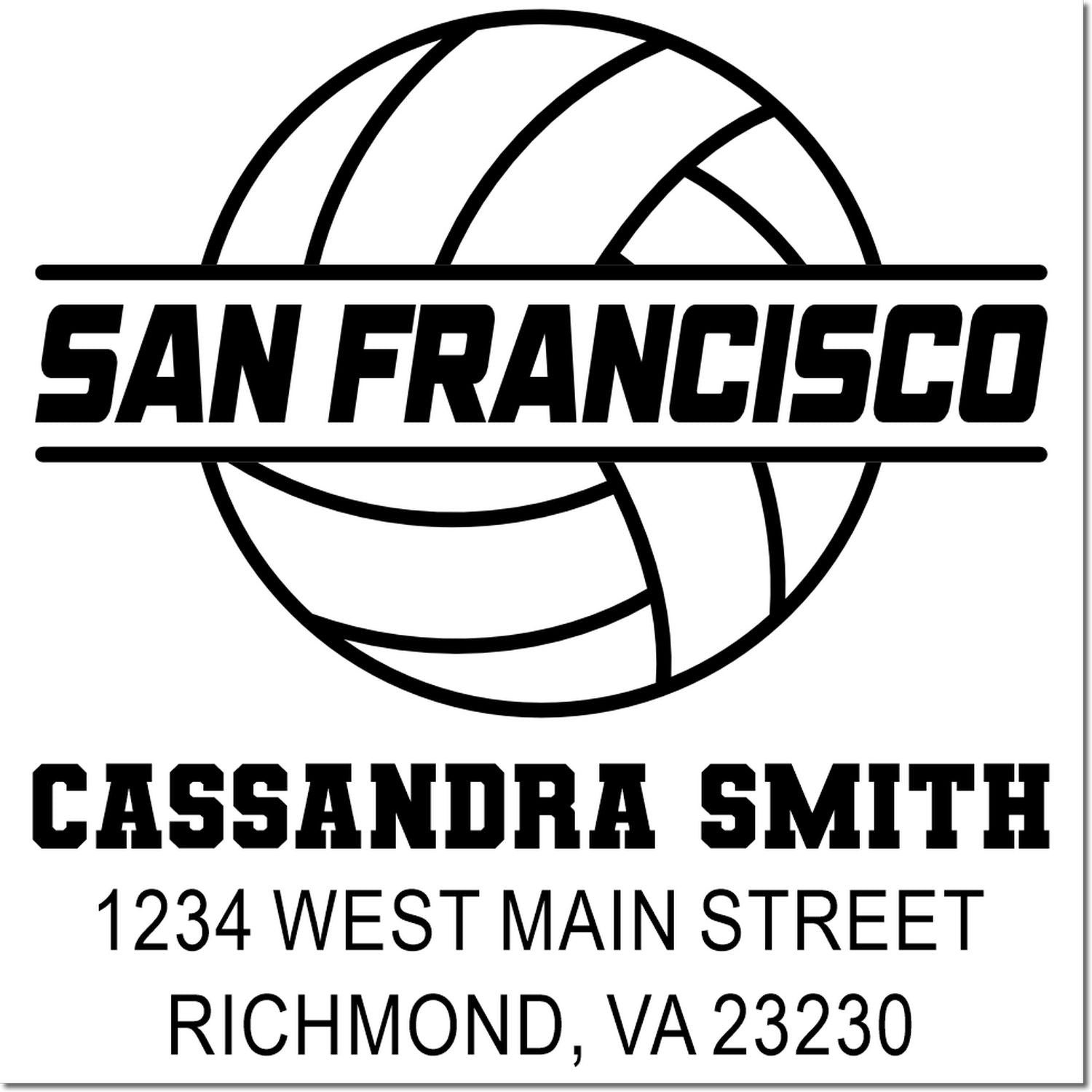 Custom volleyball rubber stamp for San Francisco, with Cassandra Smith return address, Richmond, VA 23230.