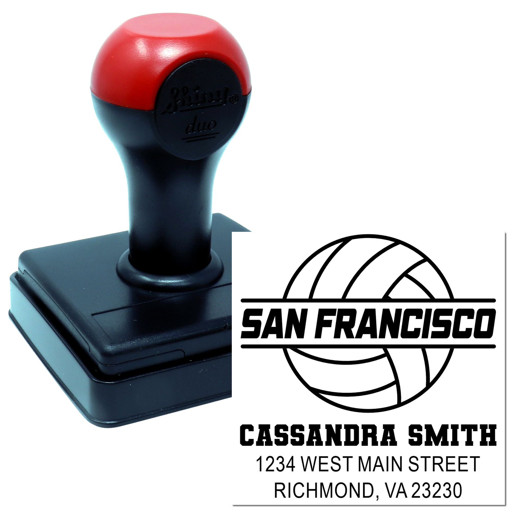 Custom self-inking rubber stamp with San Francisco logo, name, and address for business branding and return mailing.