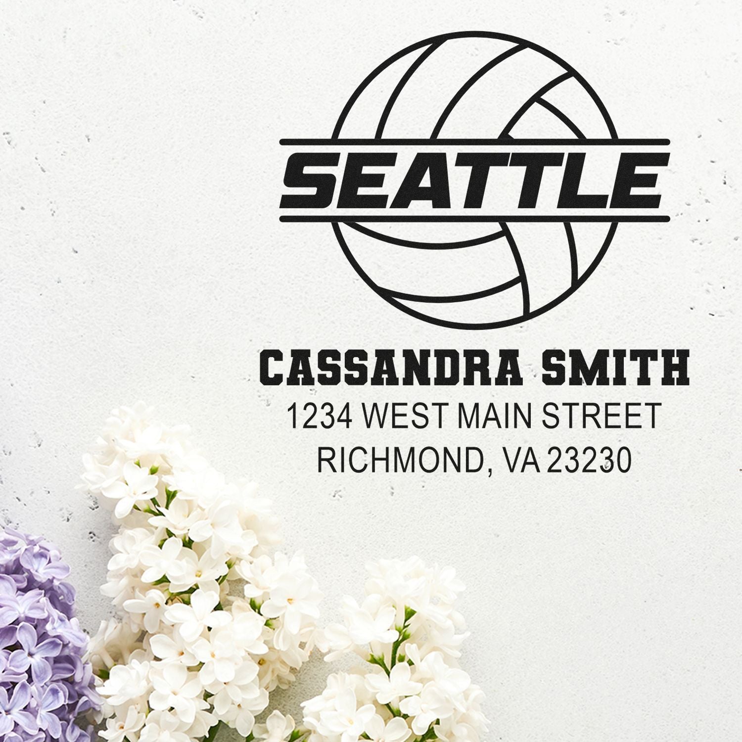 Personalized Seattle volleyball rubber stamp with Cassandra Smith return address, Richmond, VA