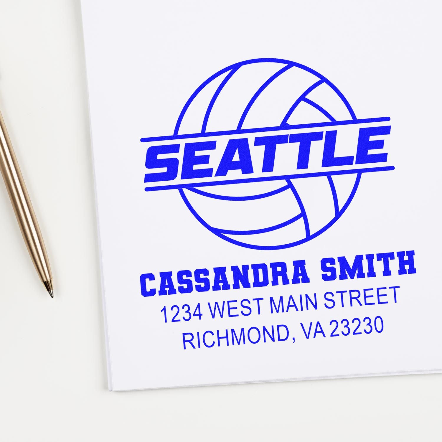 Custom rubber stamp design for Seattle volleyball, featuring Cassandra Smith name and Richmond, VA address in blue ink.
