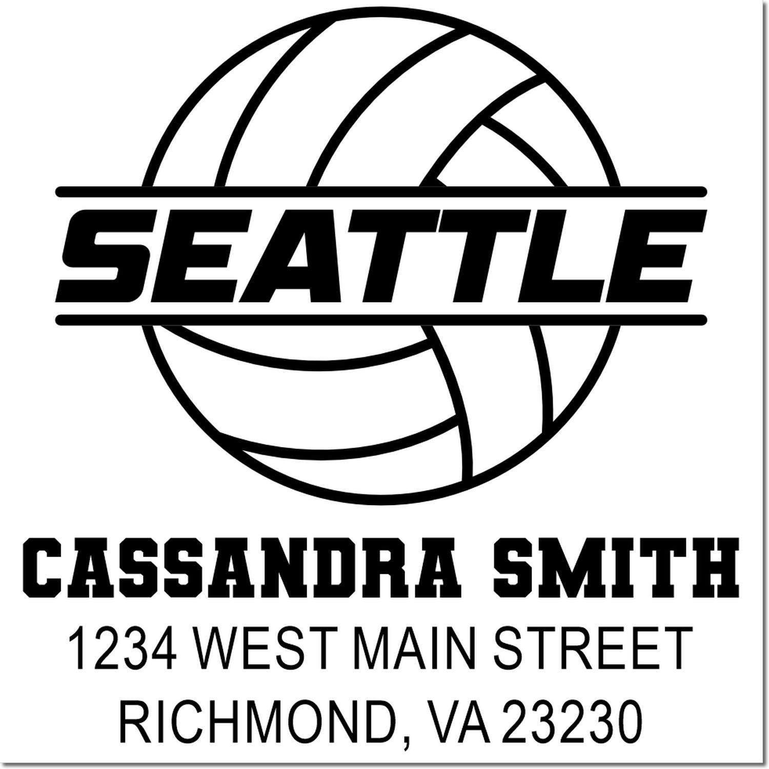 Custom Seattle volleyball rubber stamp with Cassandra Smith address, Richmond, VA 23230.
